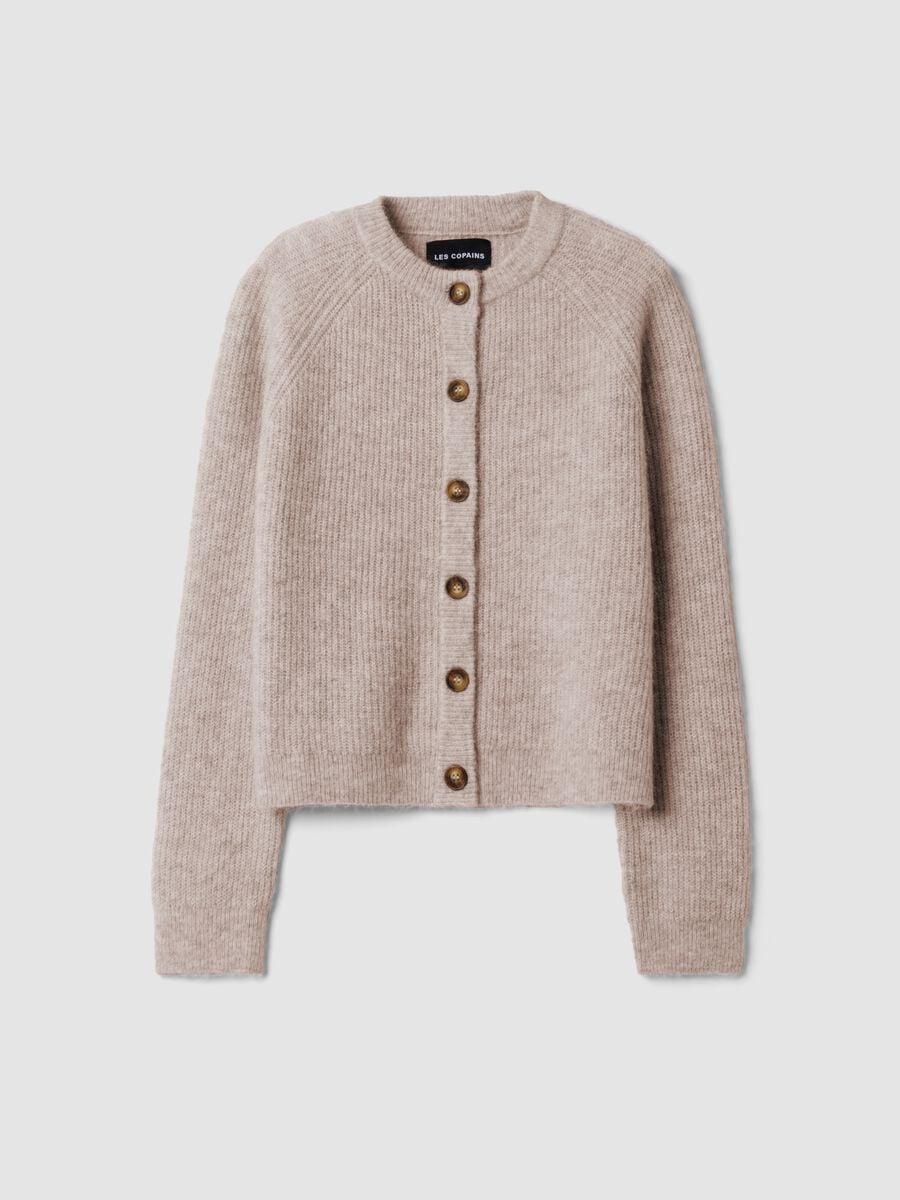 Beiger Rundhals-Cardigan aus elastischer Wolle und Alpaka, Regular Fit_4
