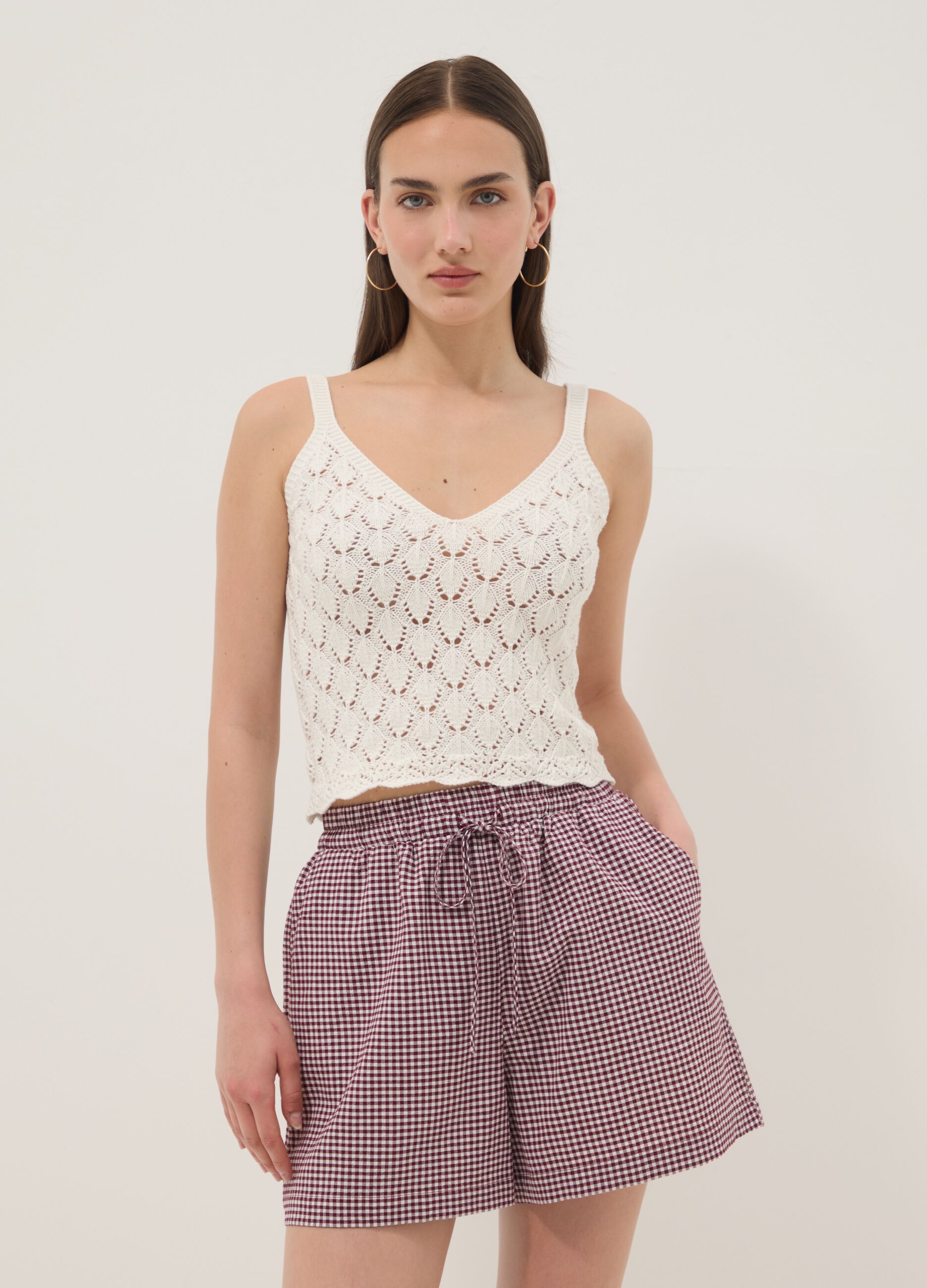 Gilet bianco in crochet di puro cotone regular fit