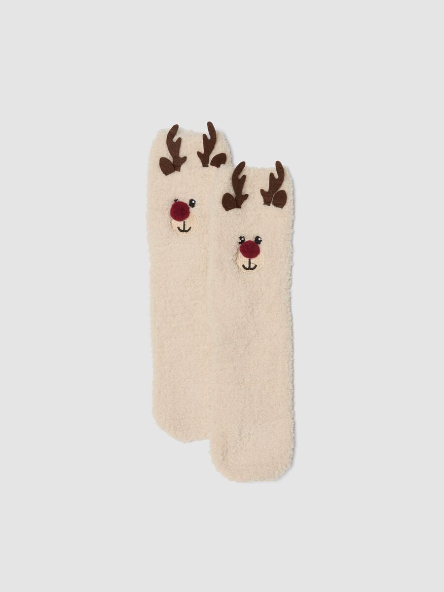 Beige stretch-fabric socks with reindeer motif_0