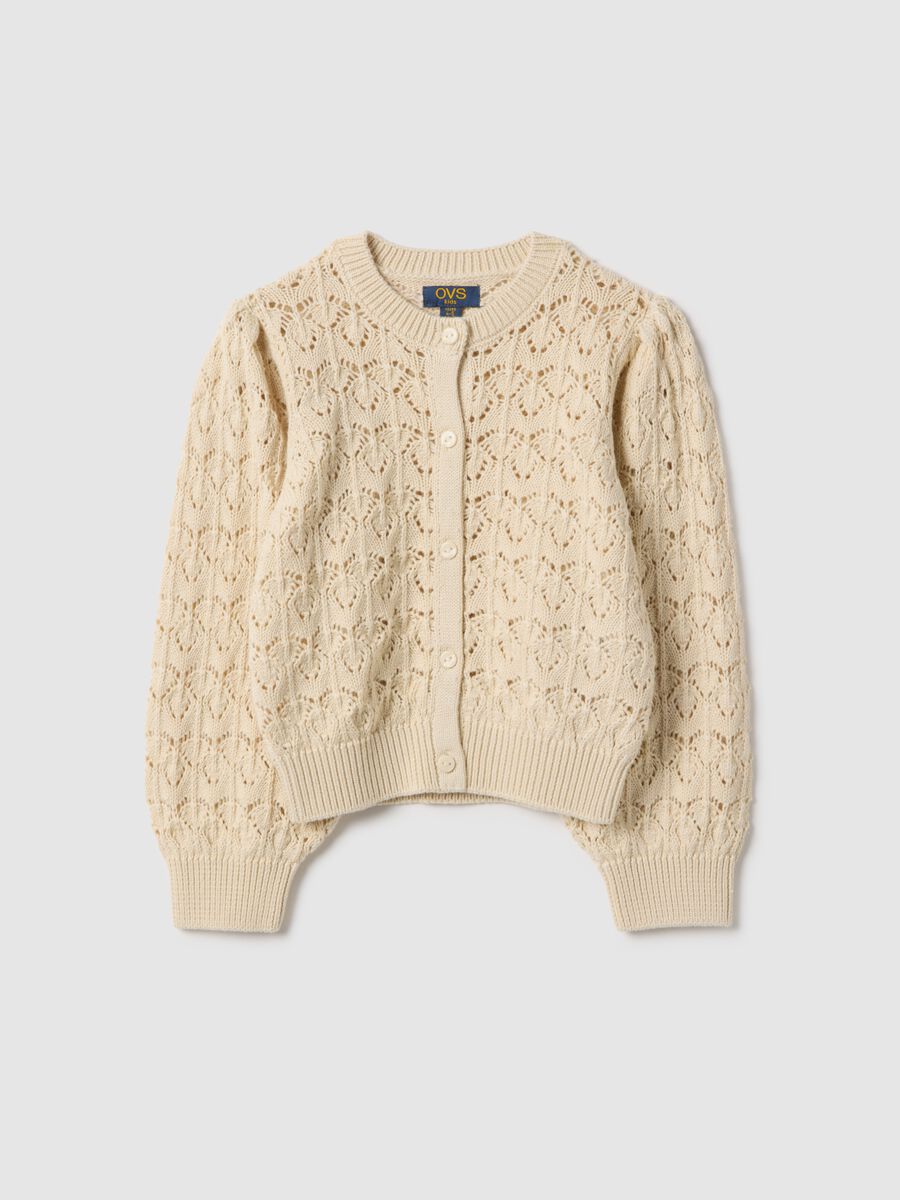 Girls' beige pure cotton regular fit cardigan with perforated design_0