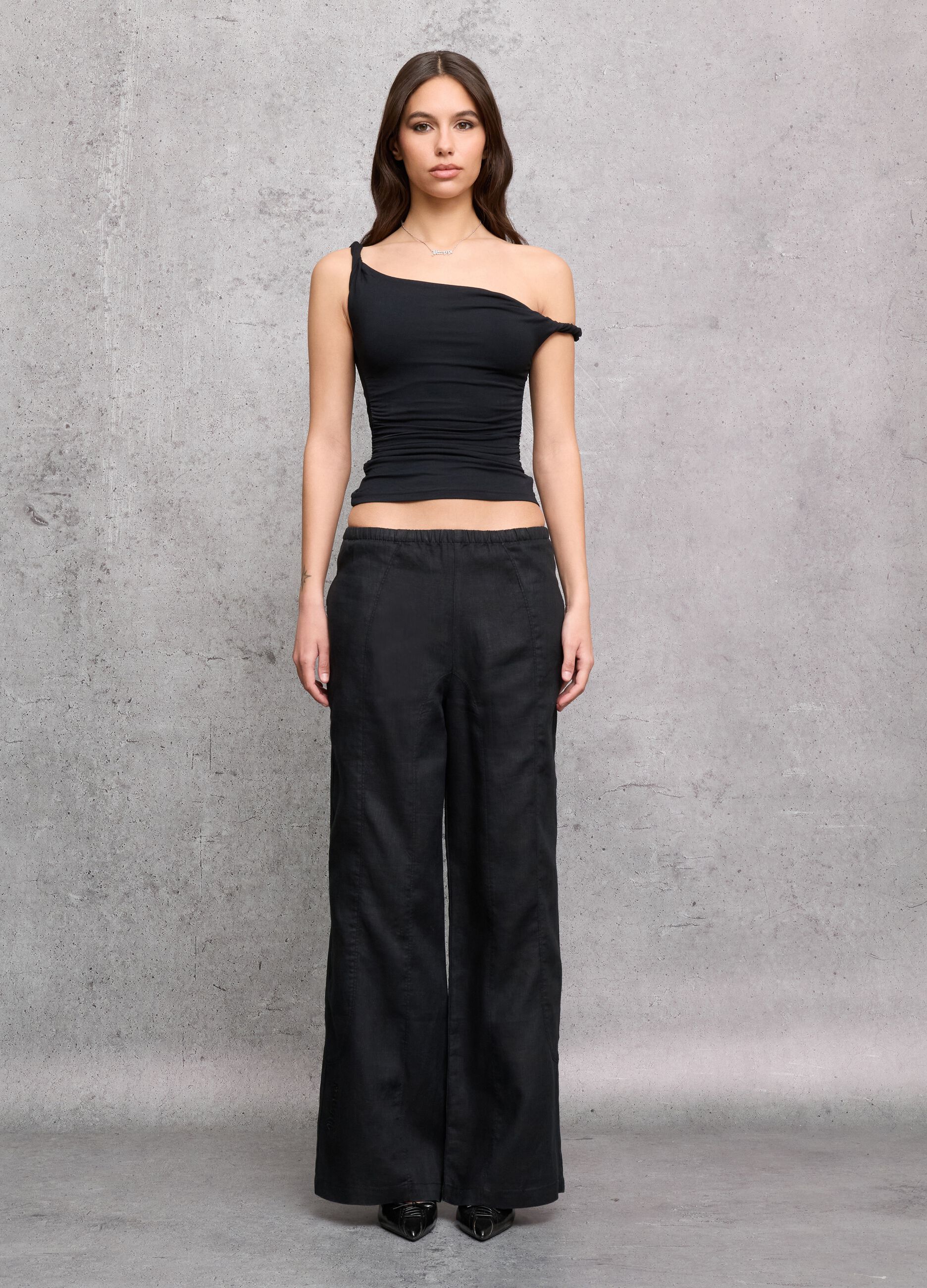 100% Linen Wide-Leg Trousers Black