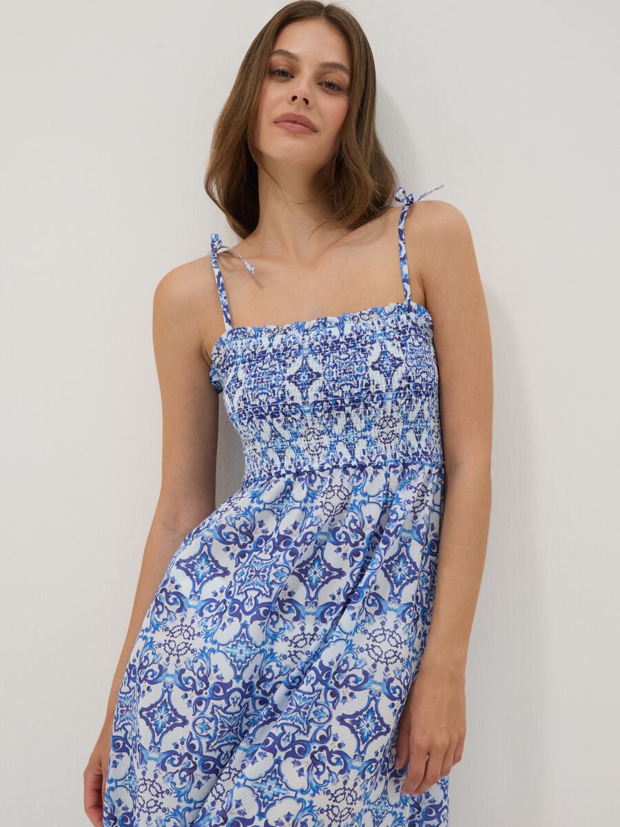 Blue maxi dress in pure cotton with tie straps_1