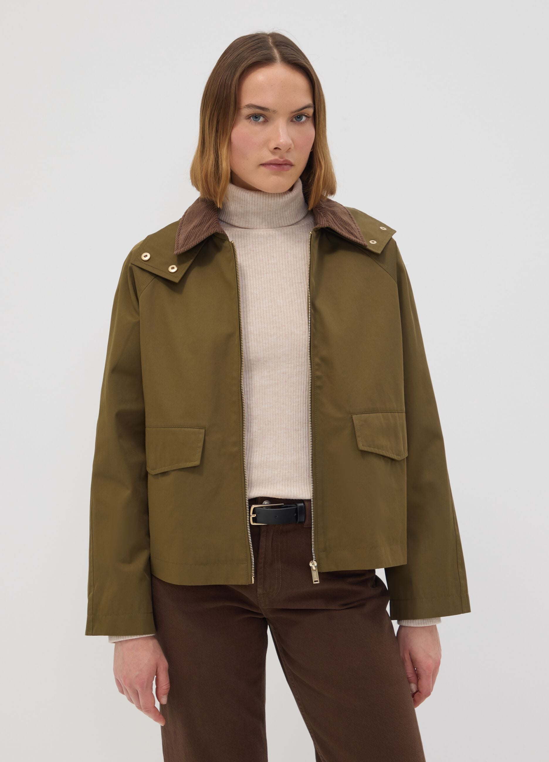Gr&uuml;ne Parka-Jacke aus Baumwollmix mit Kapuze und Rippkragen