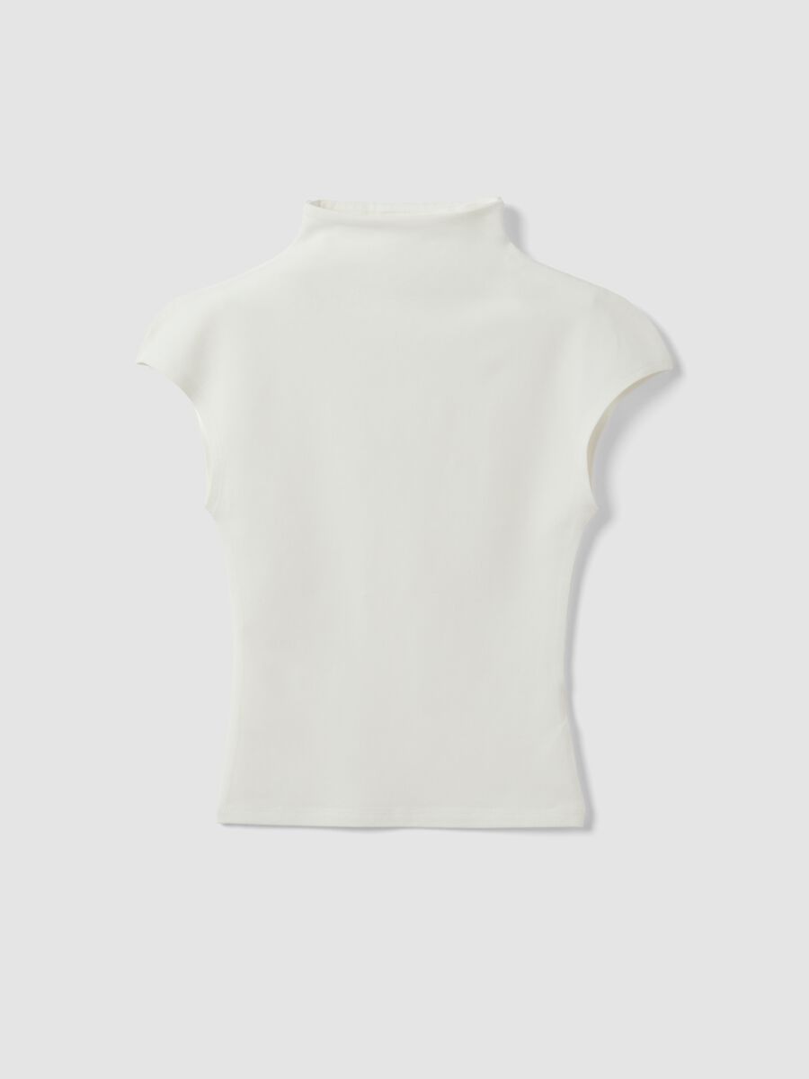 White fitted modal and stretch cotton T-shirt with high neck_0