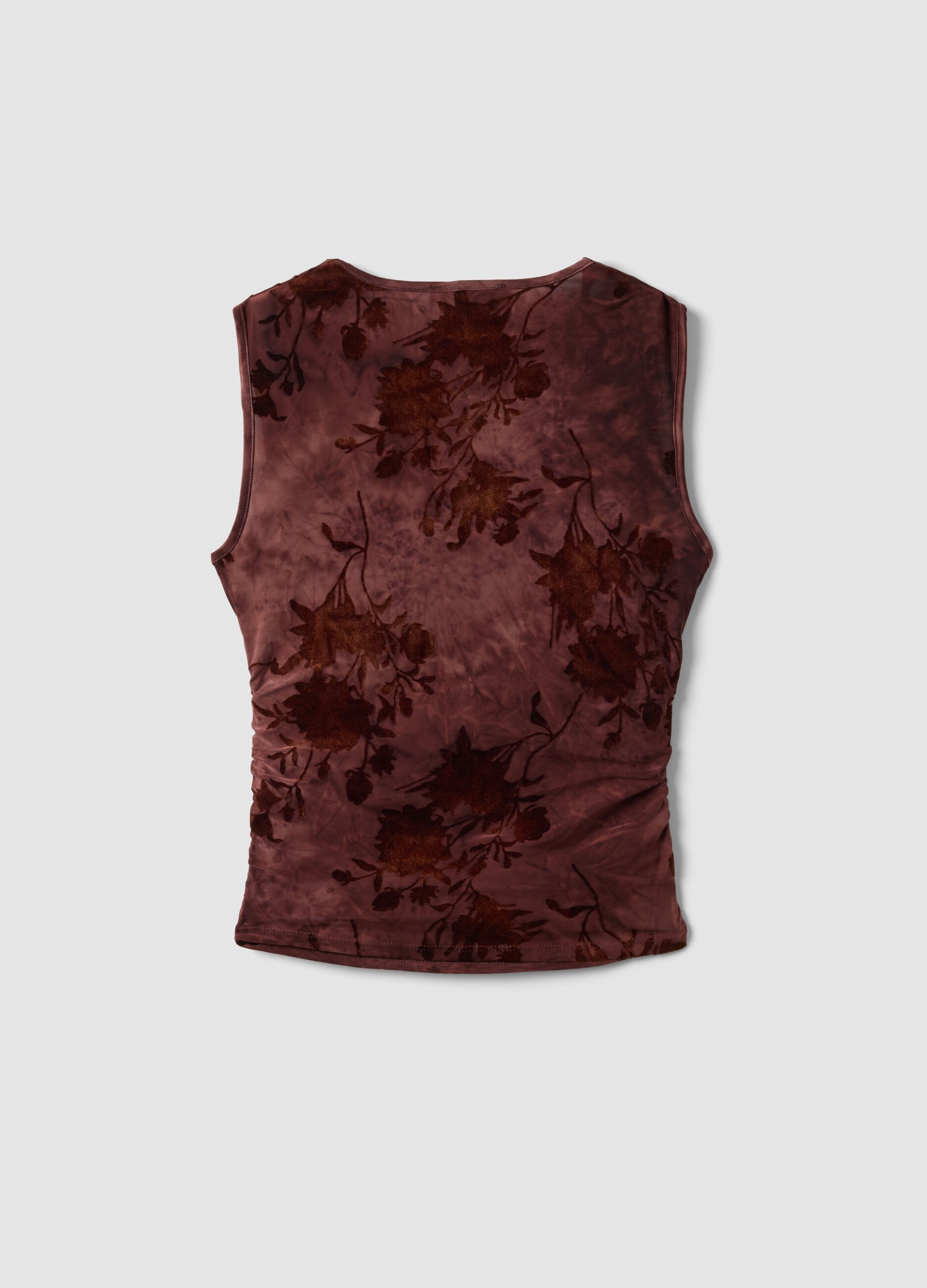 Top fitted rosso in tessuto elasticizzato con fantasia floreale