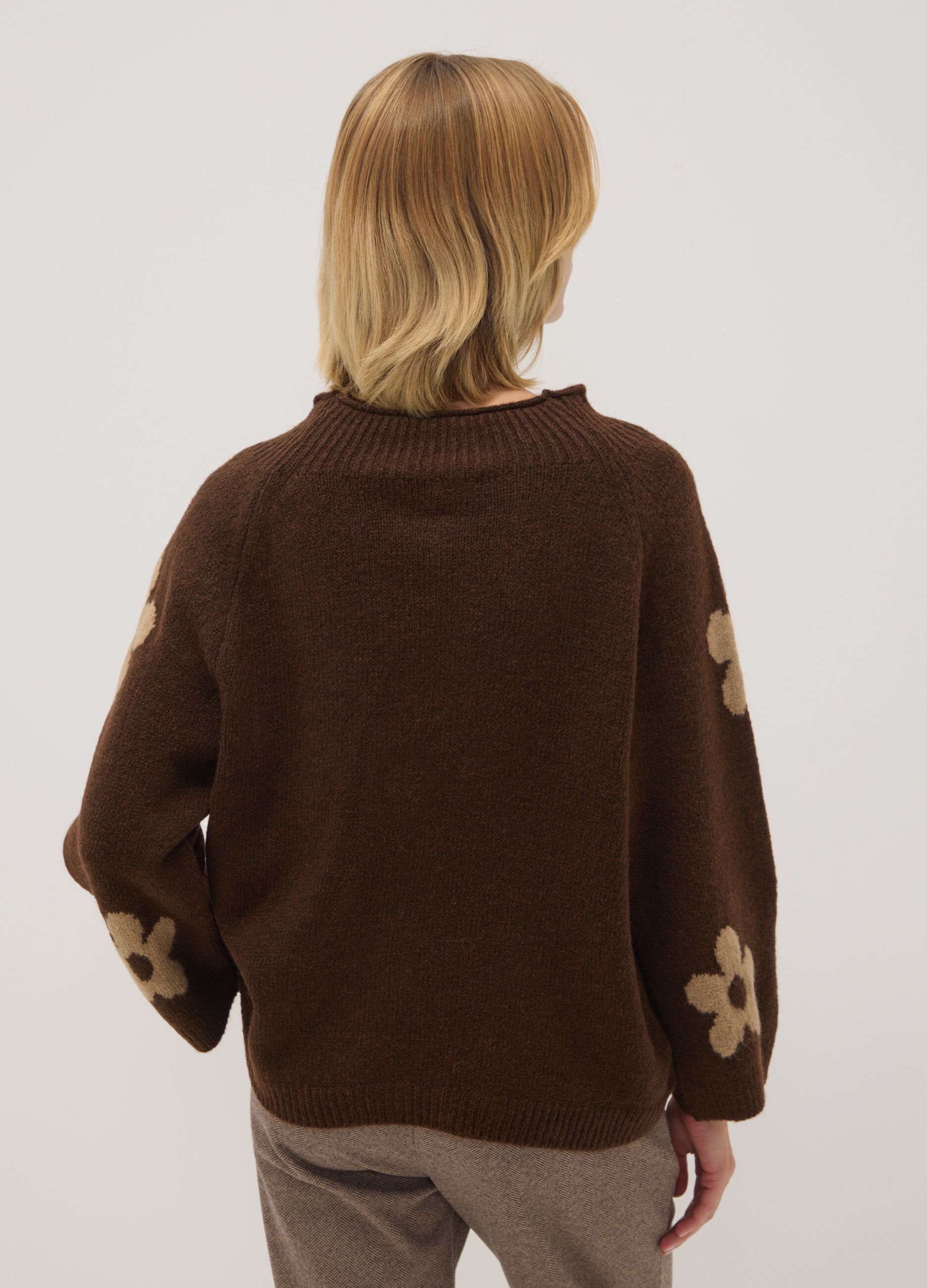 Brown and orange wool-blend floral jumper