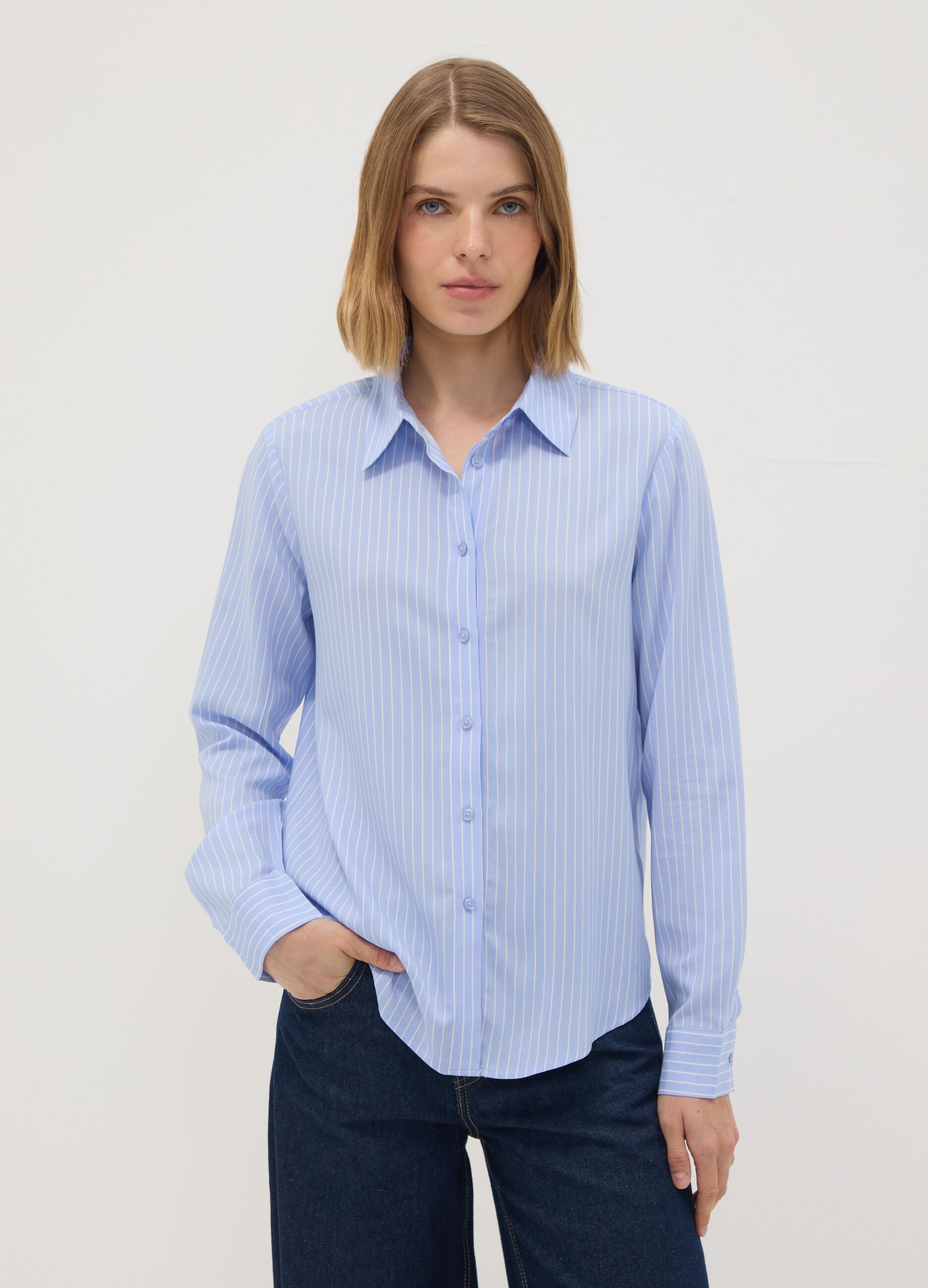 Blue striped pure viscose shirt, regular fit