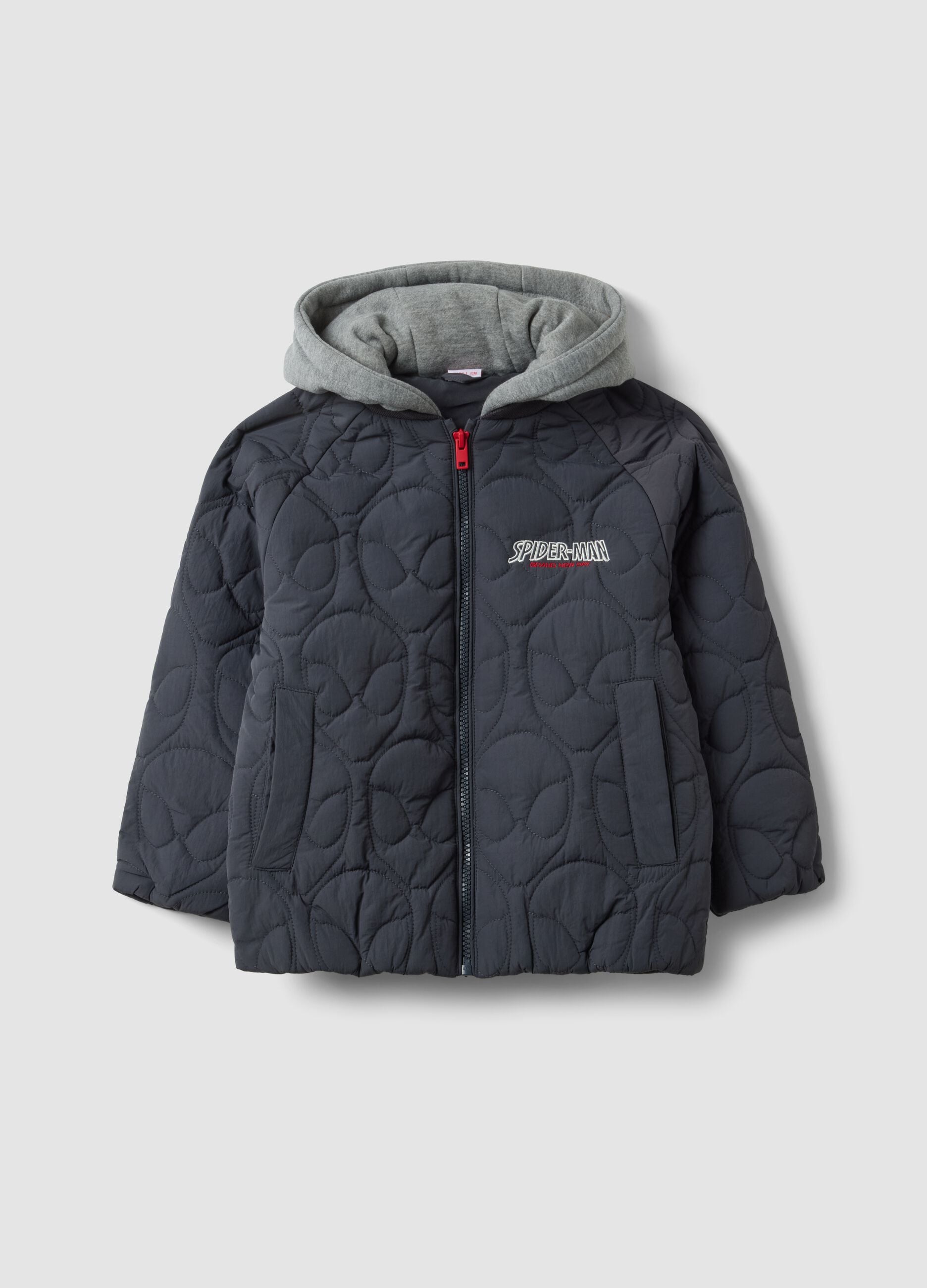 Grey quilted hooded jacket with Spider-Man embroidery for boys