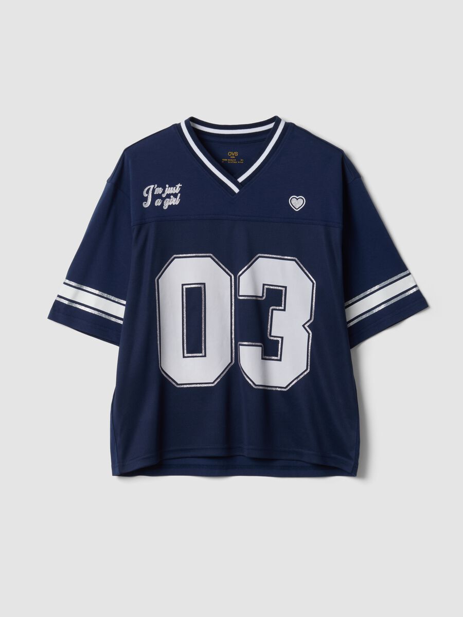 T-shirt blu in puro cotone con scollo profondo a V_0