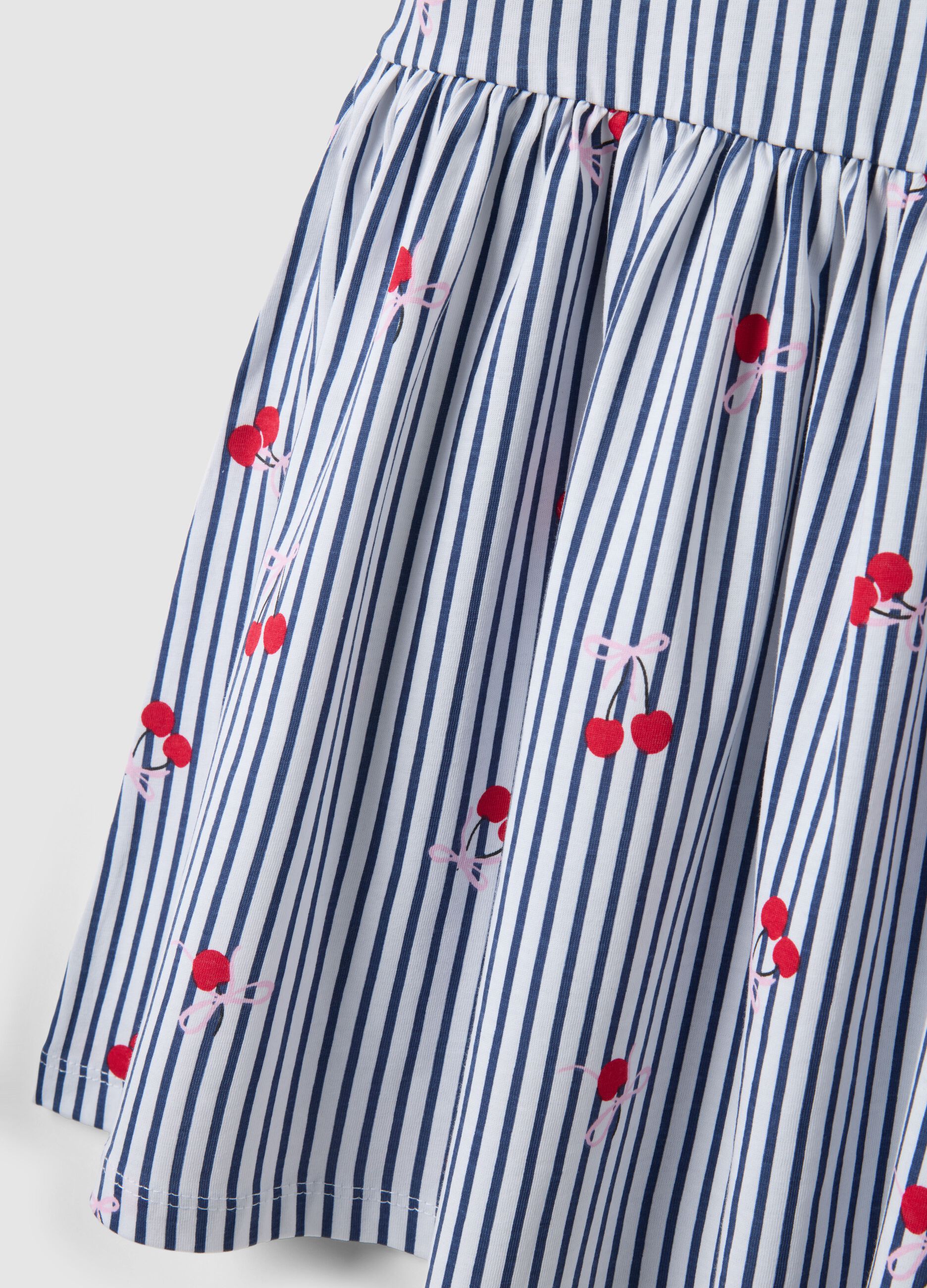 Vestido azul a rayas de puro algod&oacute;n con volantes y estampados para ni&ntilde;a