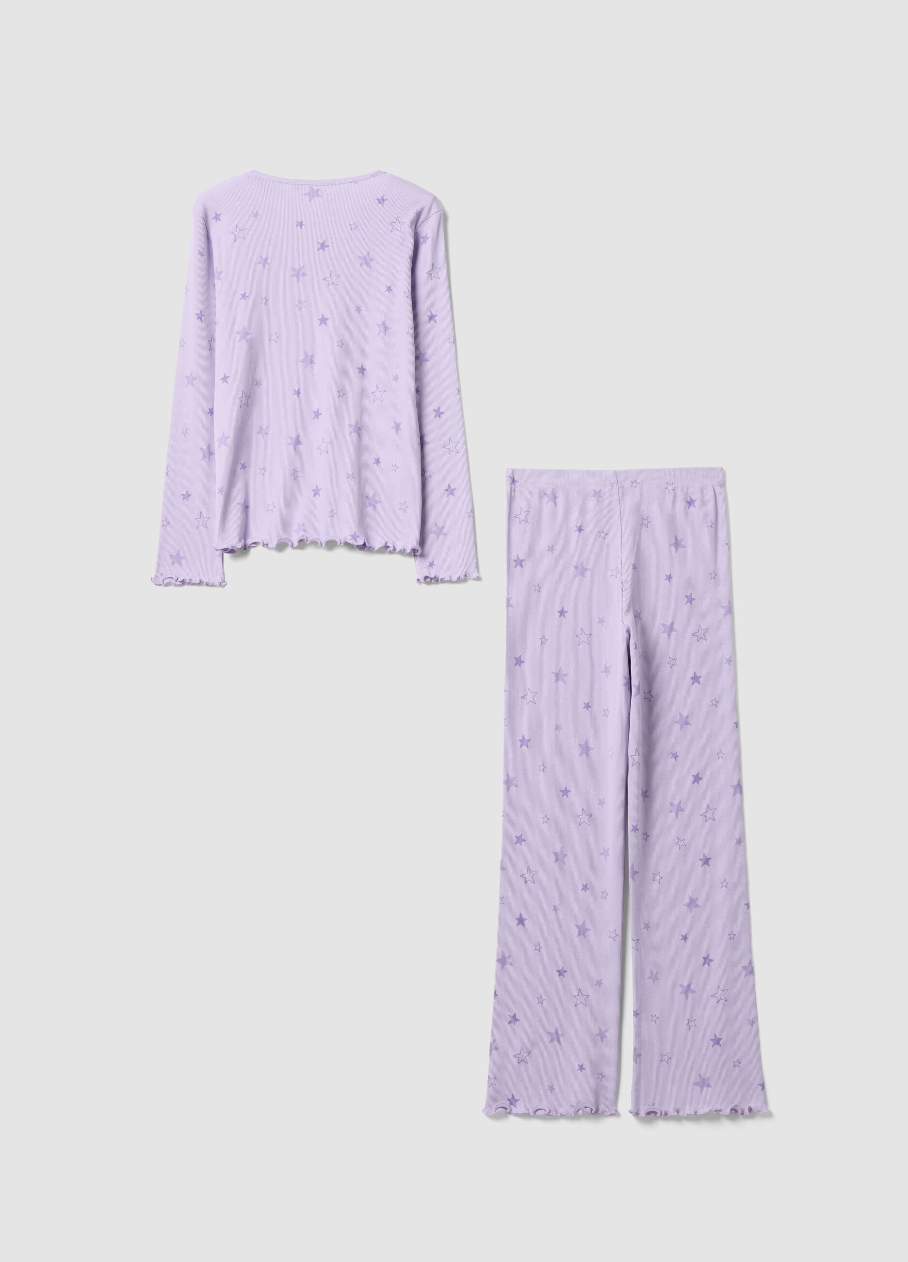 Pigiama viola in puro cotone organico a costine con stelline per bambina