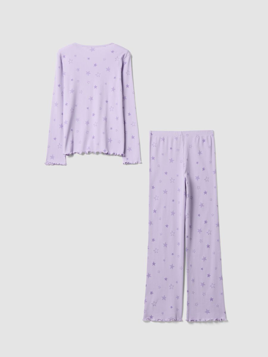 Pigiama viola in puro cotone organico a costine con stelline per bambina_1