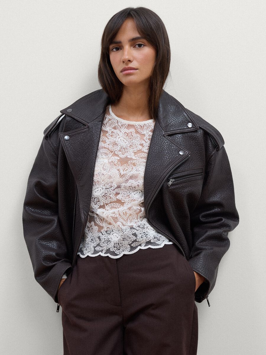 Braune oversized Bikerjacke aus echtem Leder_0