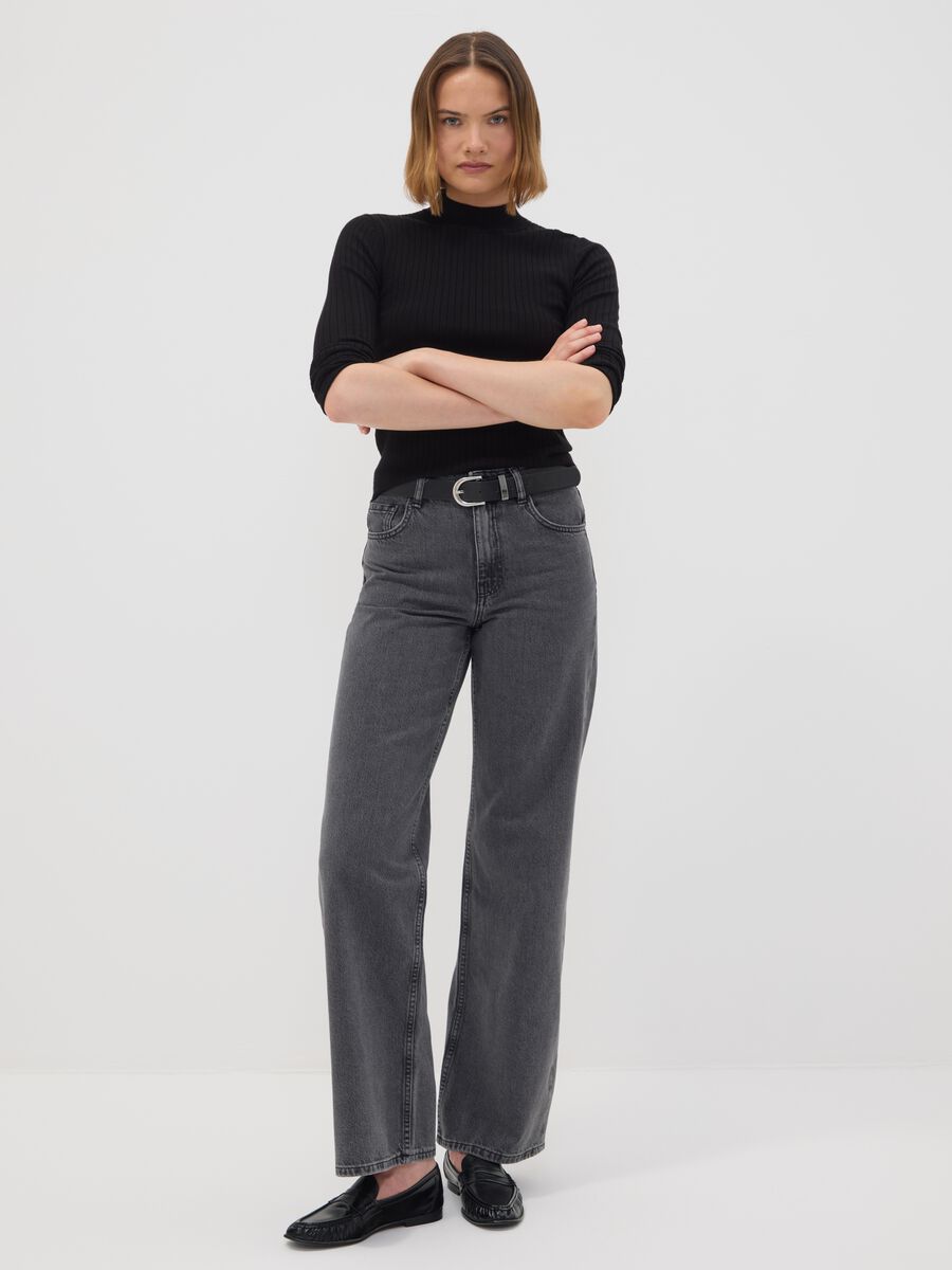 Black ribbed viscose-blend fitted top with high neck_2