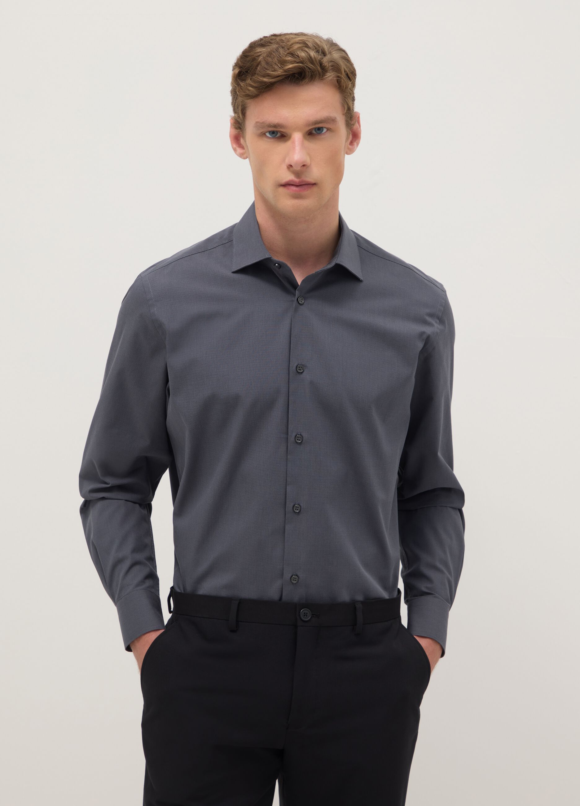 Grey pure cotton regular fit easy iron shirt