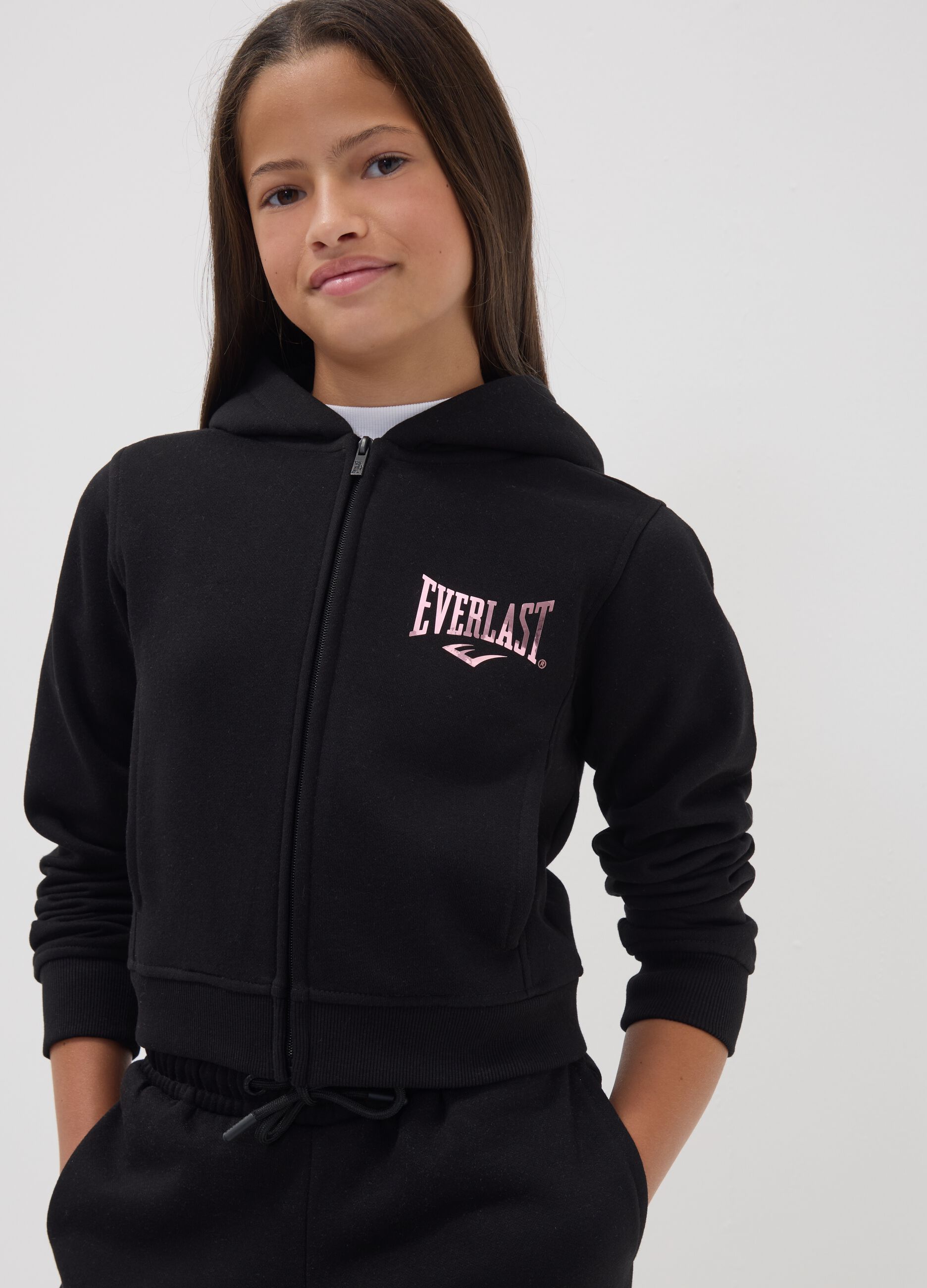 Schwarzer Kapuzenhoodie mit Rei&szlig;verschluss aus Baumwollmischung f&uuml;r M&auml;dchen, Regular Fit