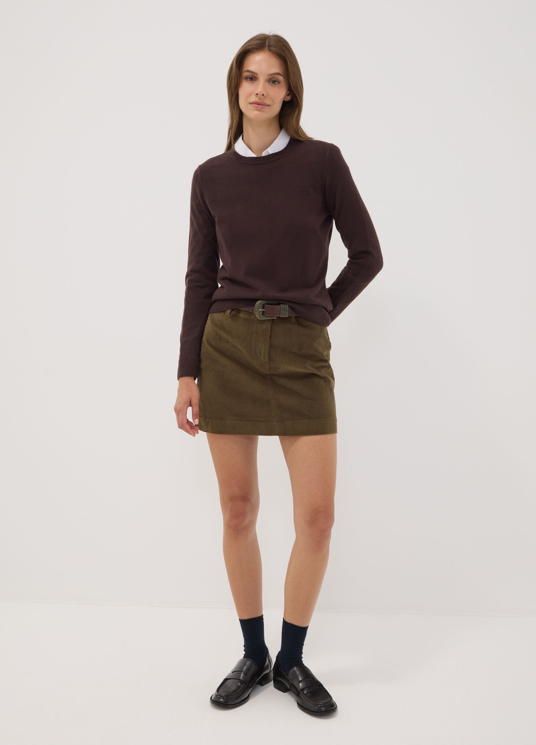 Brown crew-neck long-sleeve regular-fit top