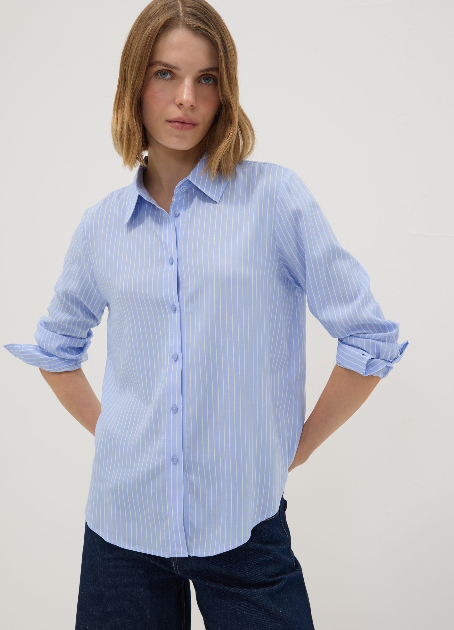 Blue striped pure viscose shirt, regular fit