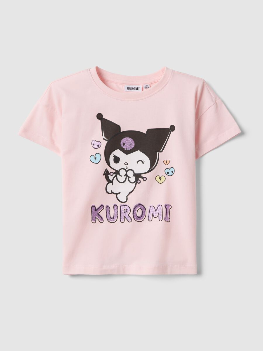 T-shirt in cotone elasticizzato rosa da bambina regular fit con Kuromi_0