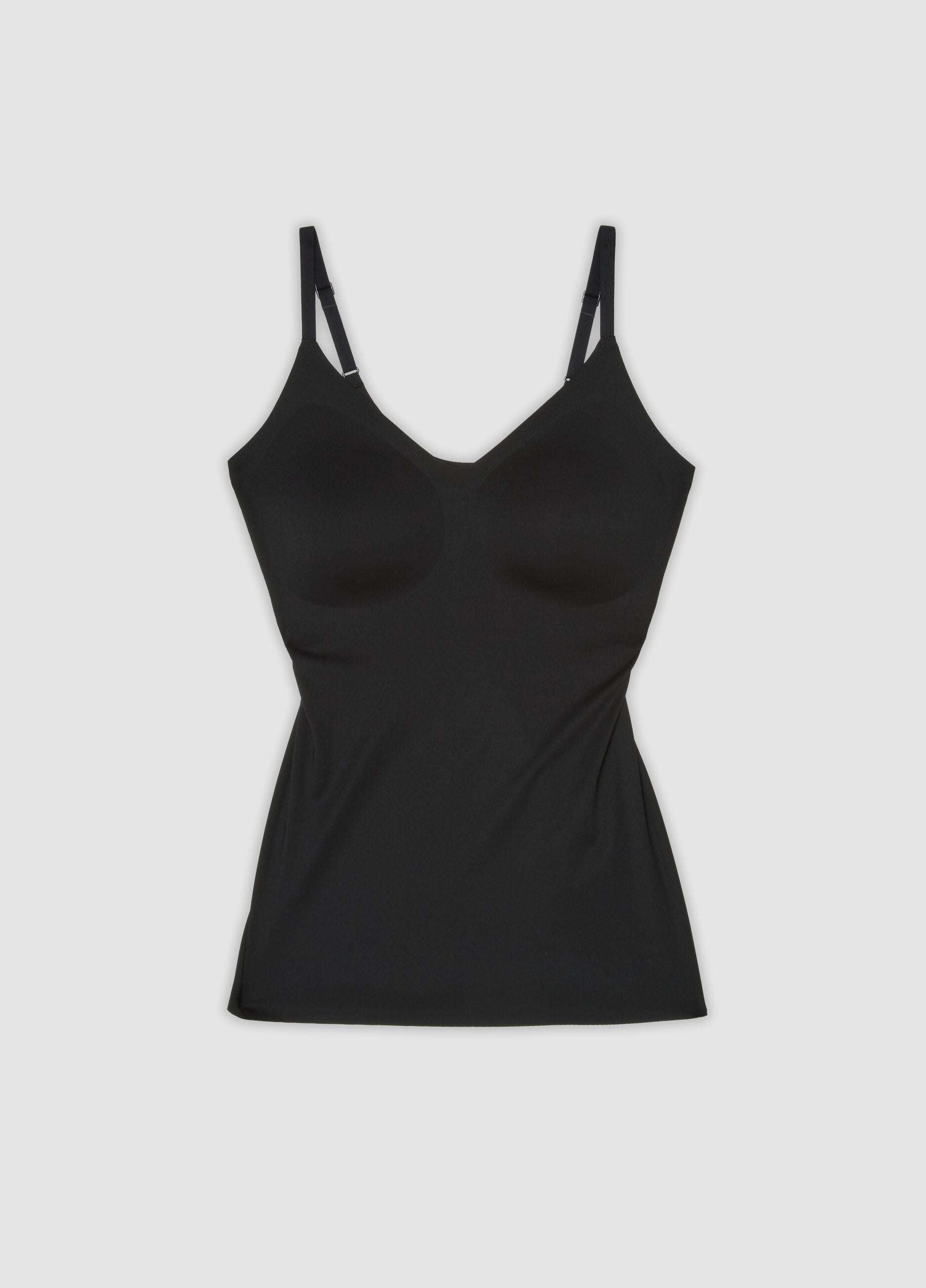 Black stretch-fabric vest top with plunging neckline