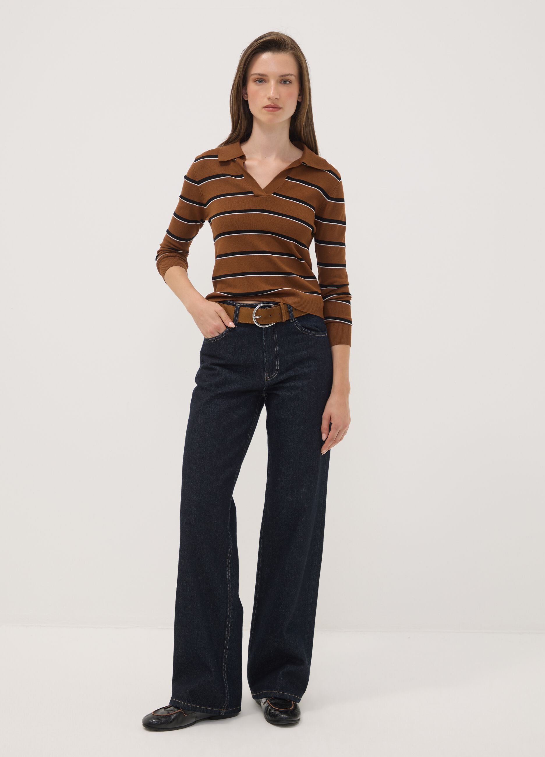 Brown viscose-blend polo-collar jumper, regular fit