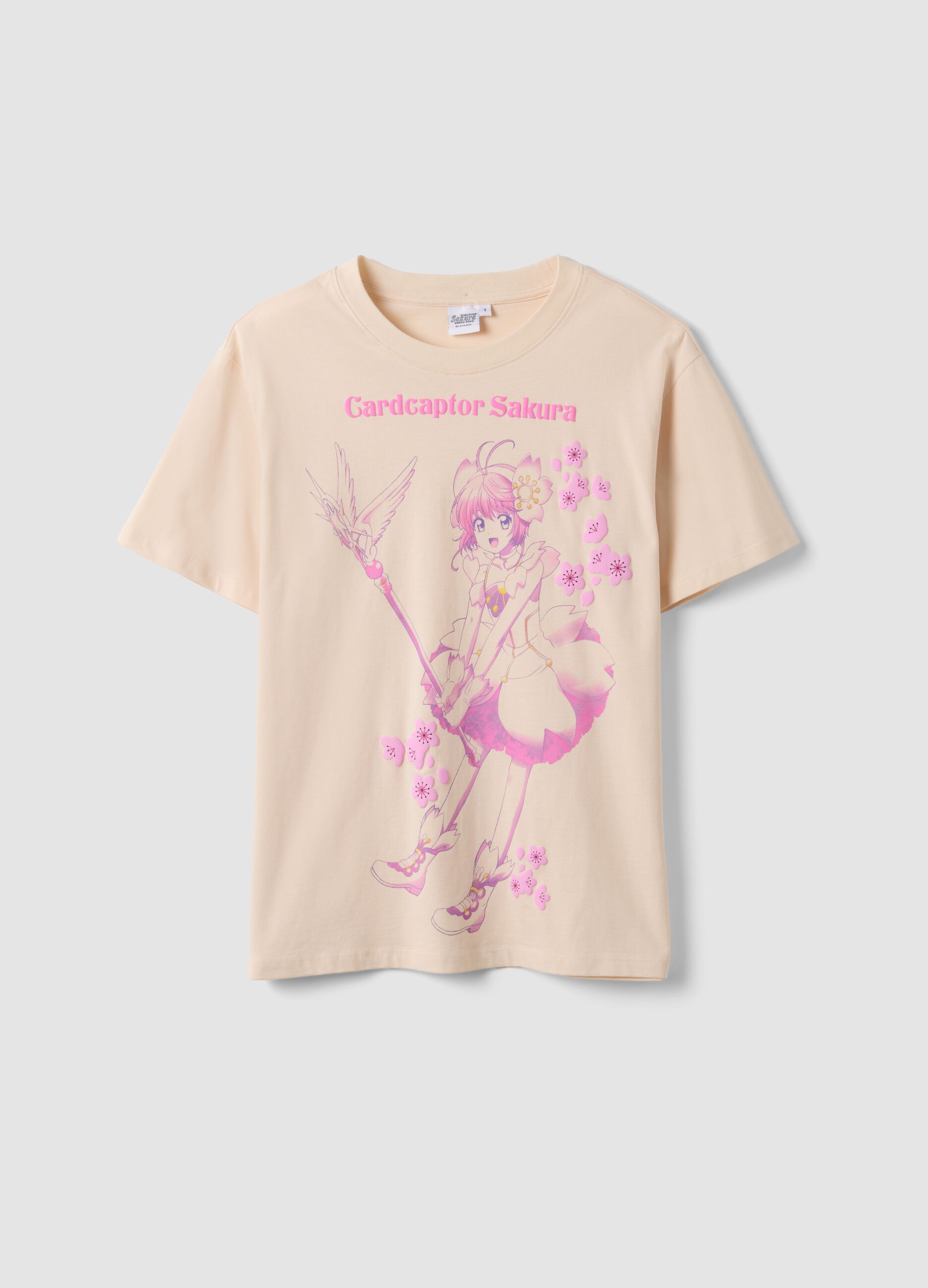T-shirt rosa em algod&atilde;o puro com estampado frontal Sakura, corte regular