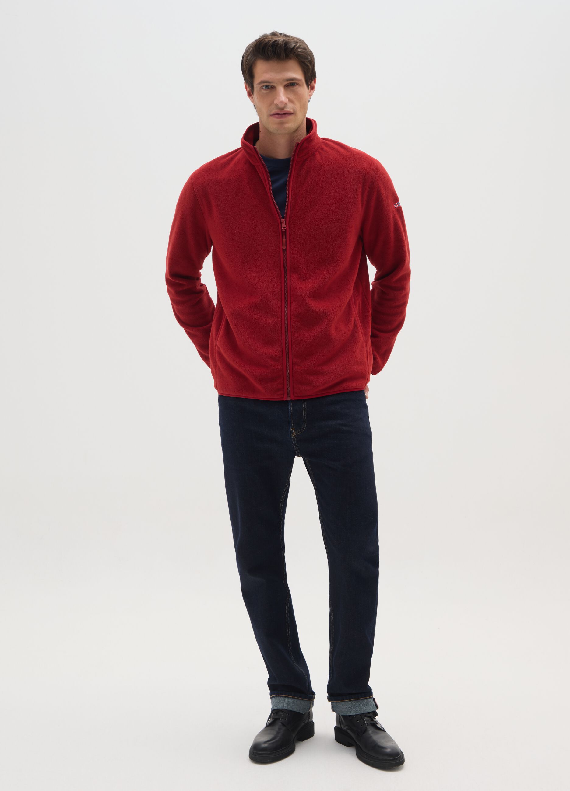 Red fleece regular fit sweatshirt with zipper