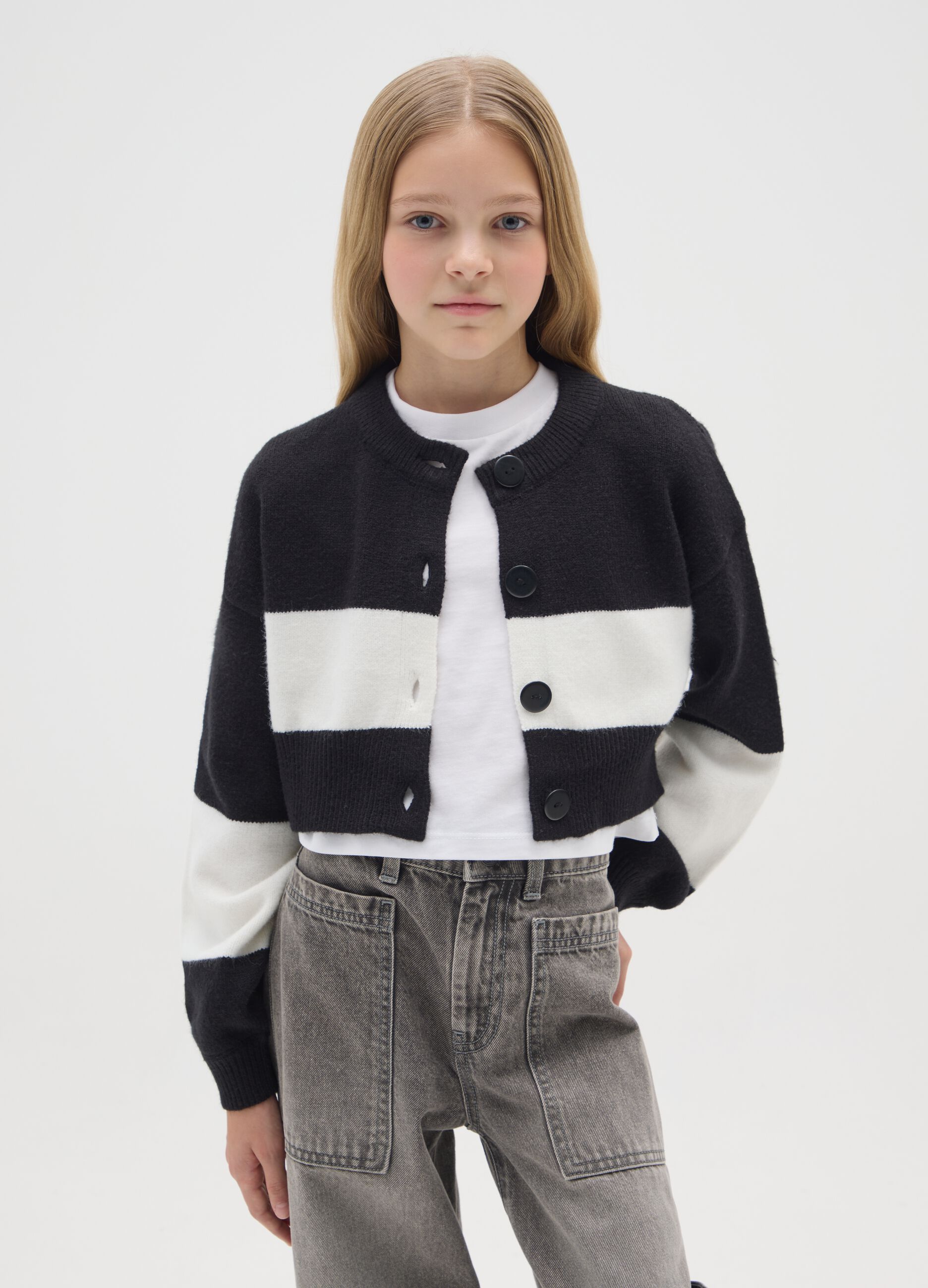 Girls' striped black and white cardigan with buttons