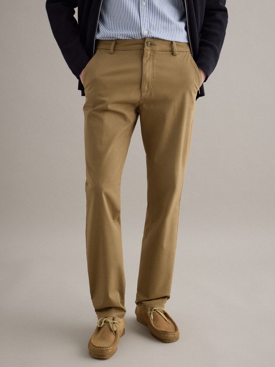 Brown slim fit stretch cotton chino trousers_1