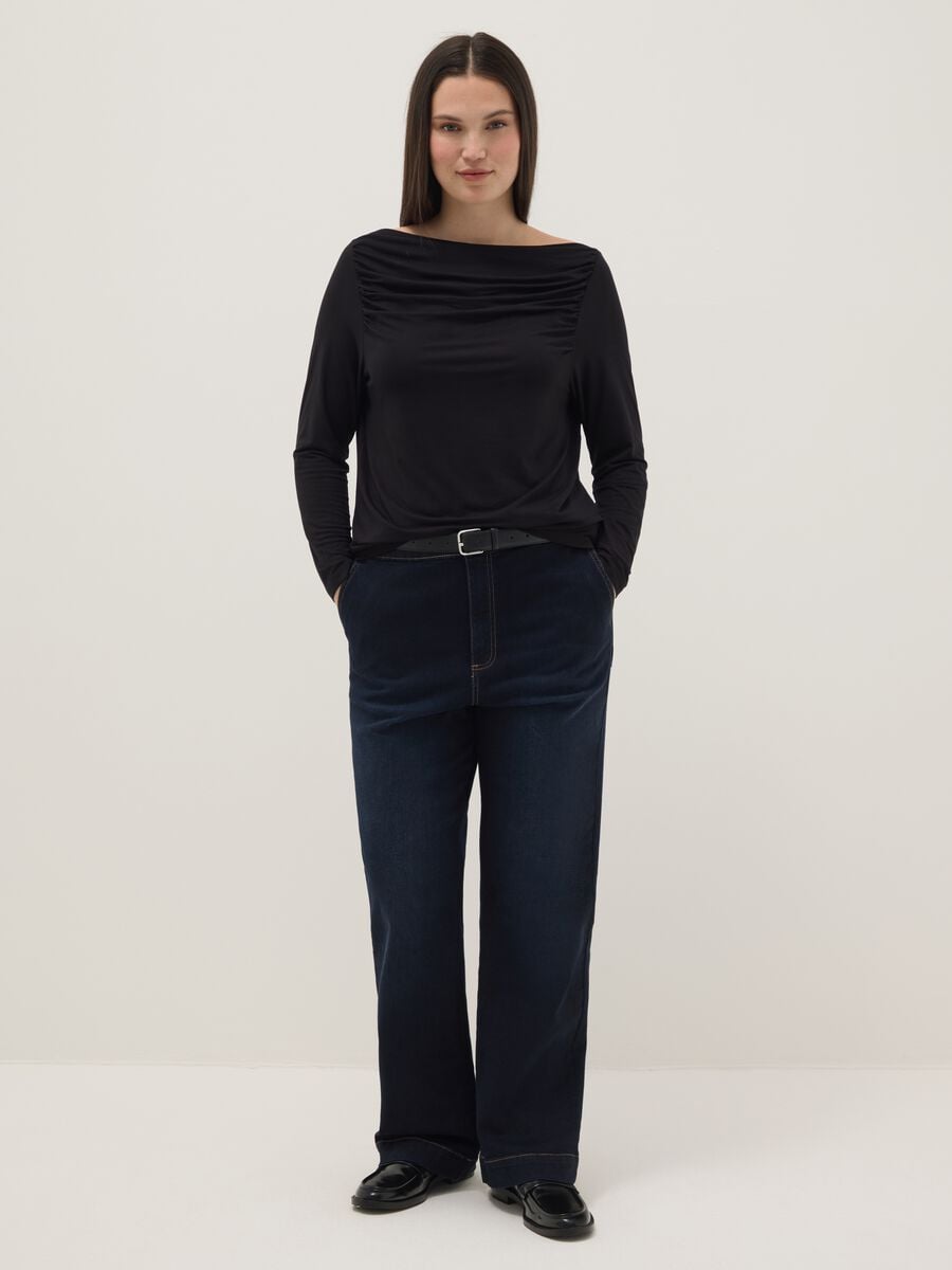 Black stretch viscose long sleeve top with boat neckline and regular fit_1