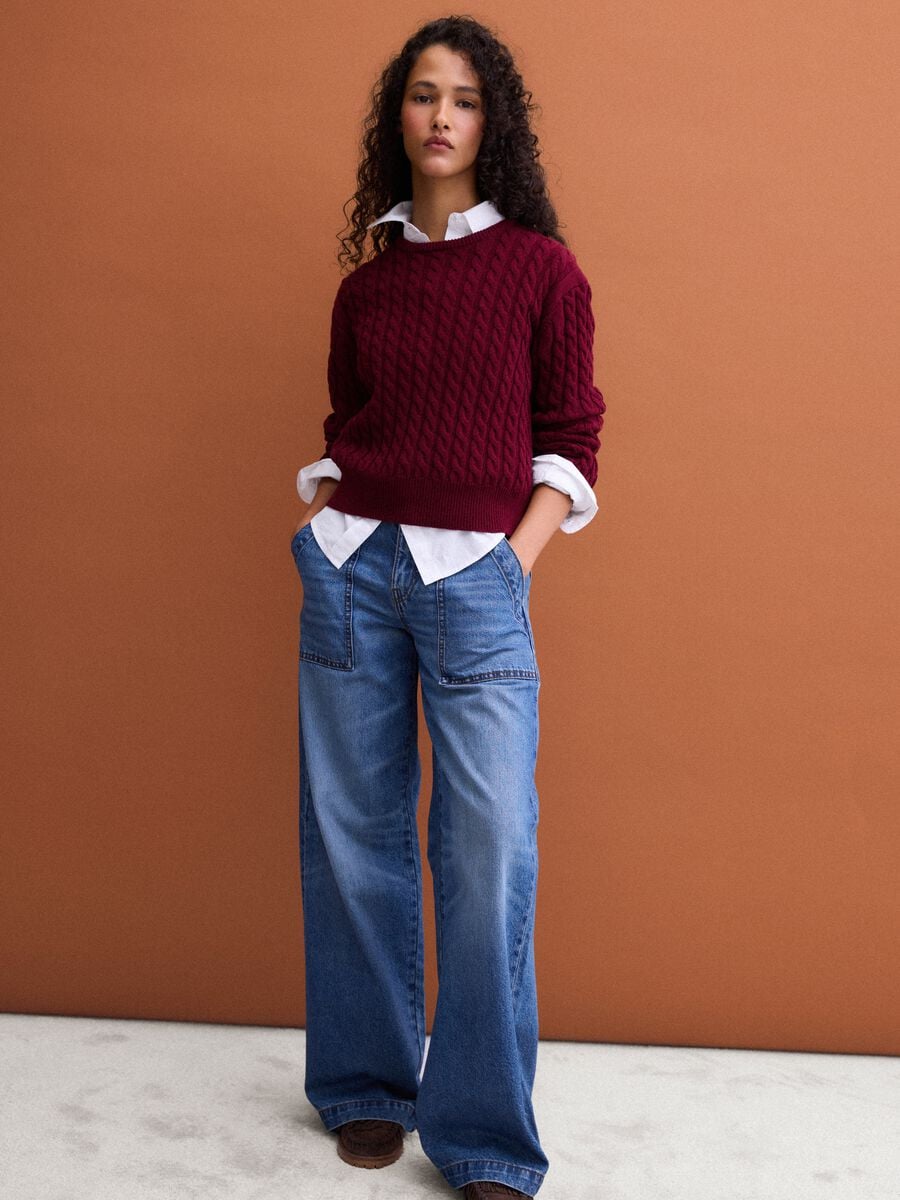 Red crew-neck pure cotton cable-knit jumper, regular fit_2