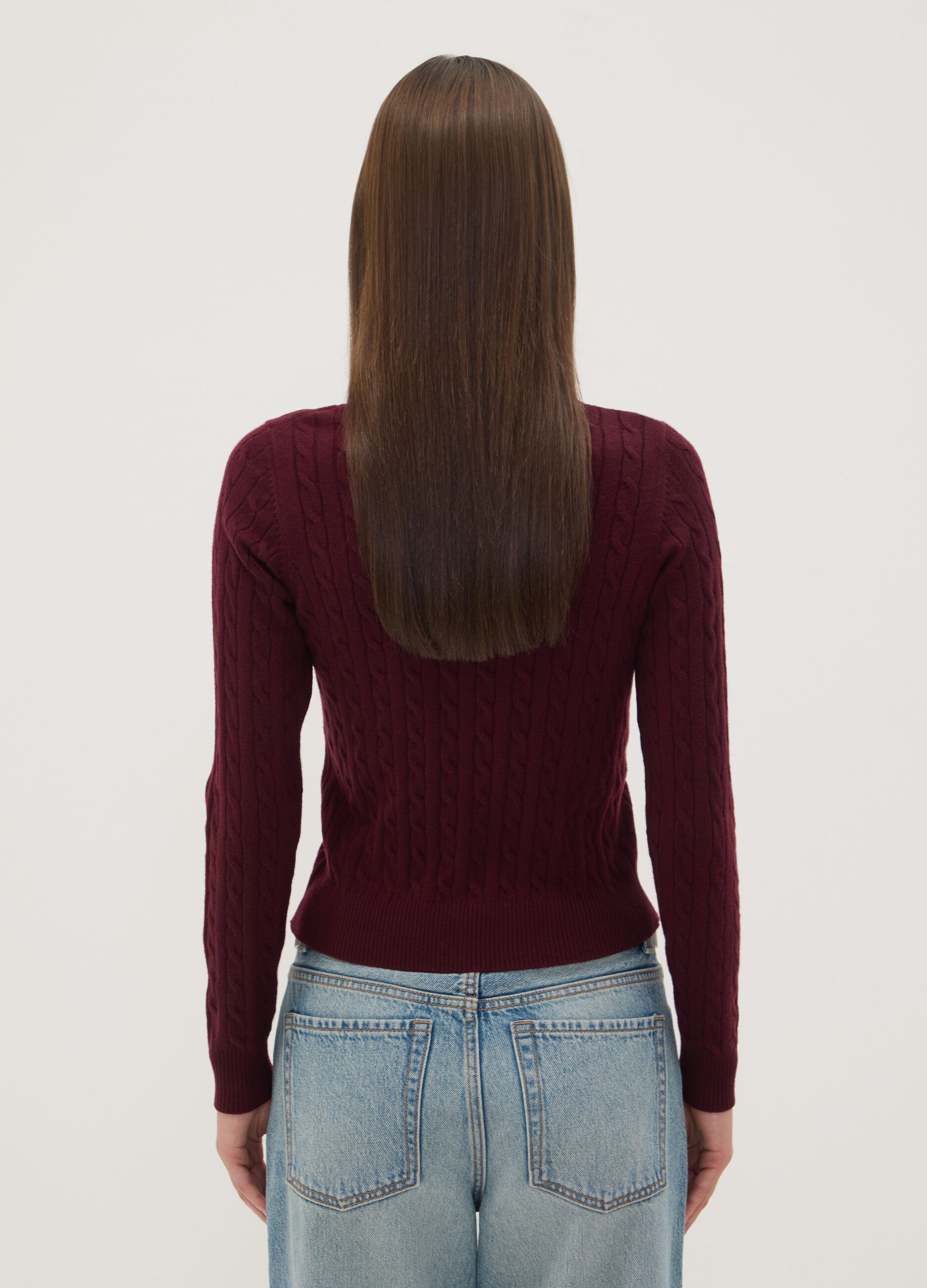 Red cable-knit crew neck jumper, regular fit