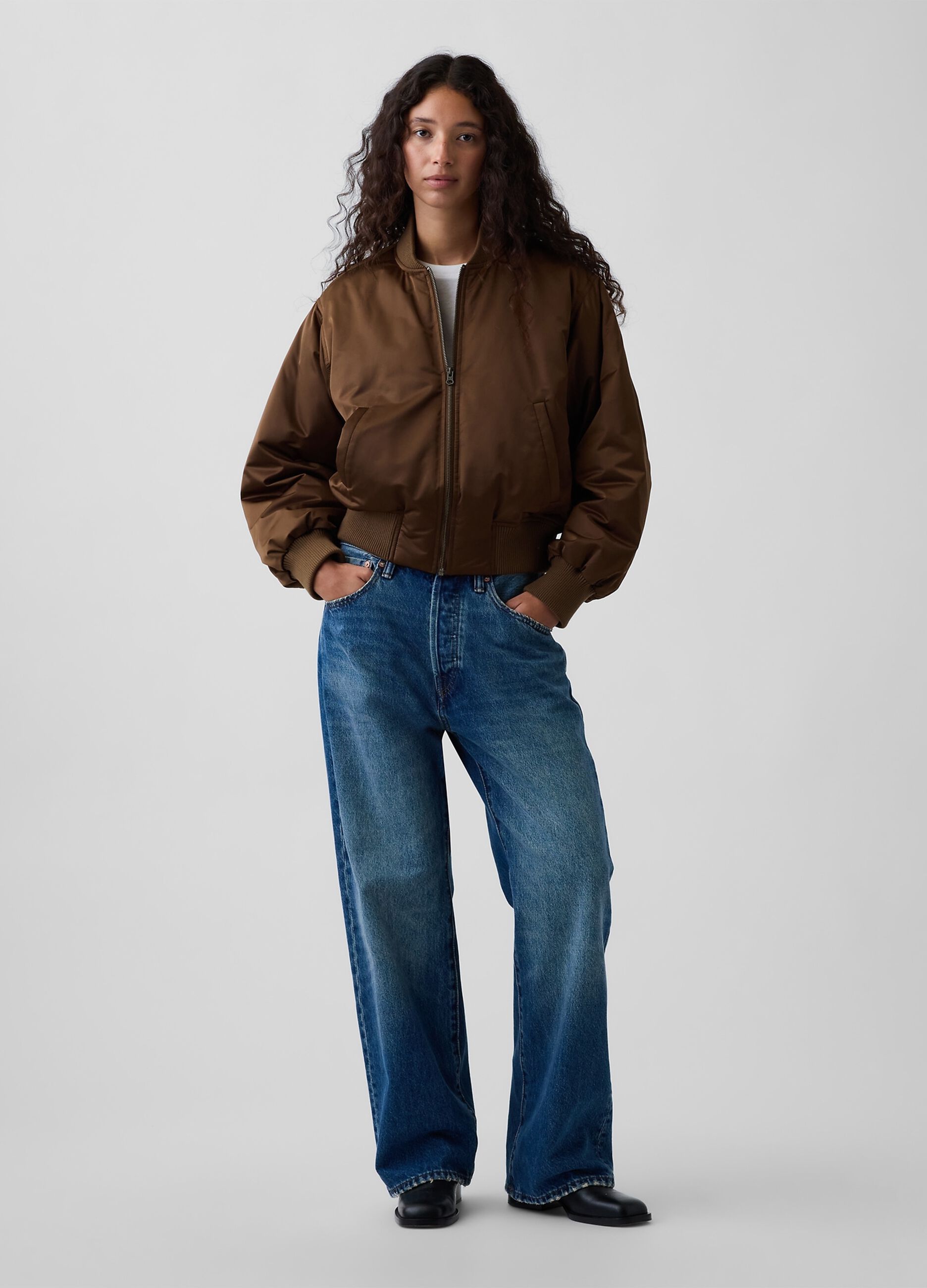 Light brown bomber jacket with zip and ribbed cuffs