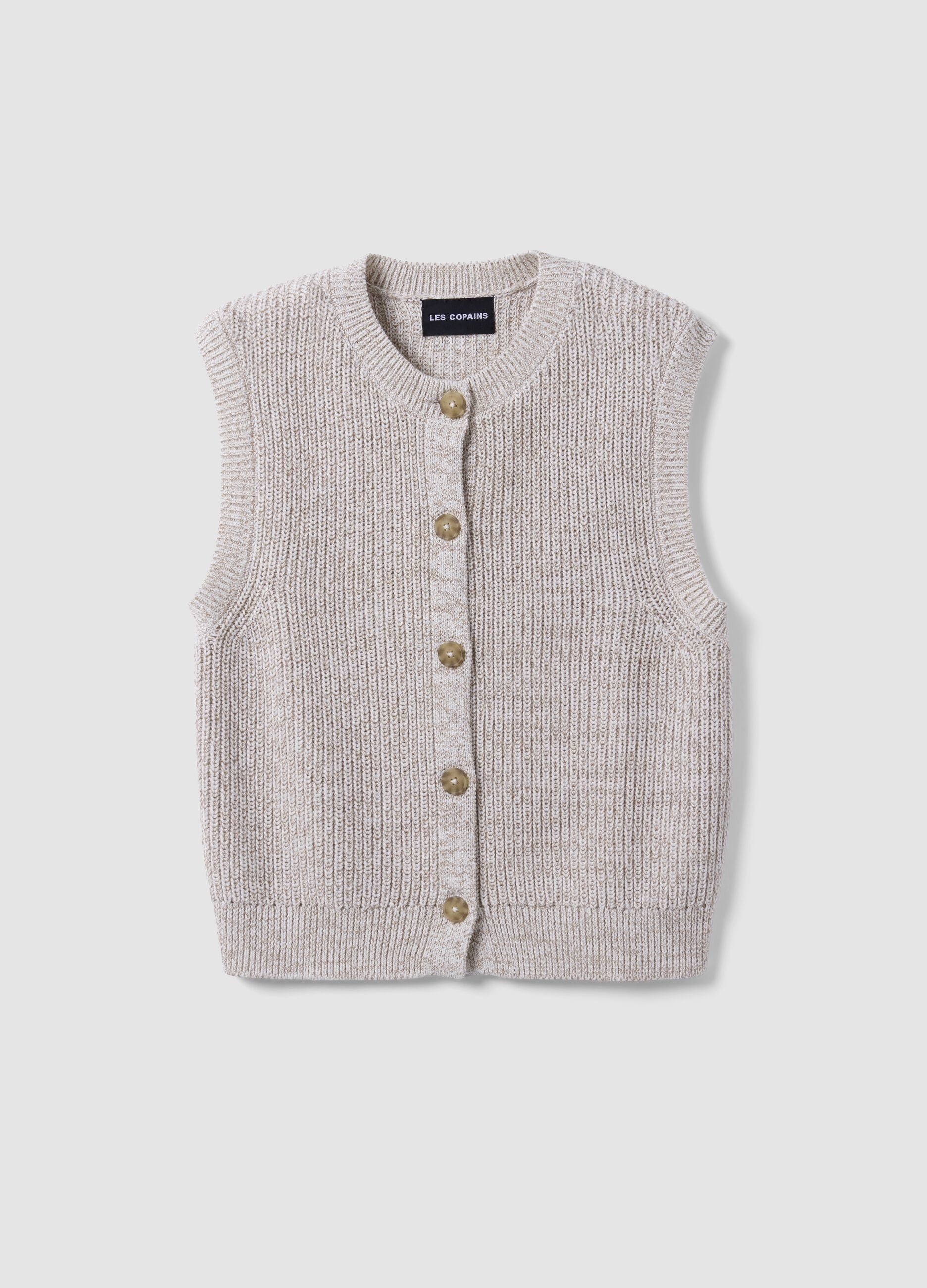 White pure cotton knitted gilet with crew neck, regular fit