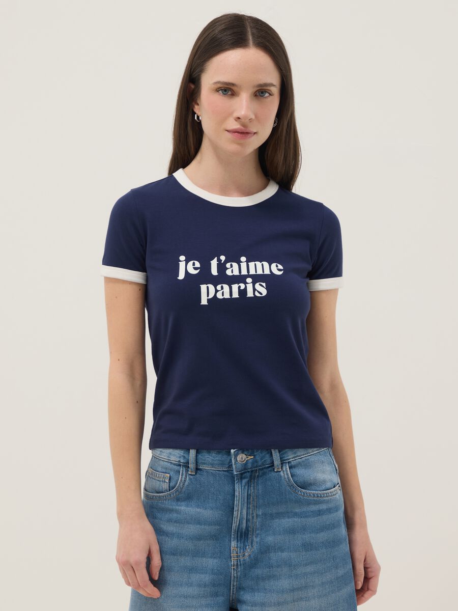 Regular Fit Blaues Stretch-Baumwoll T-Shirt mit Druck_1