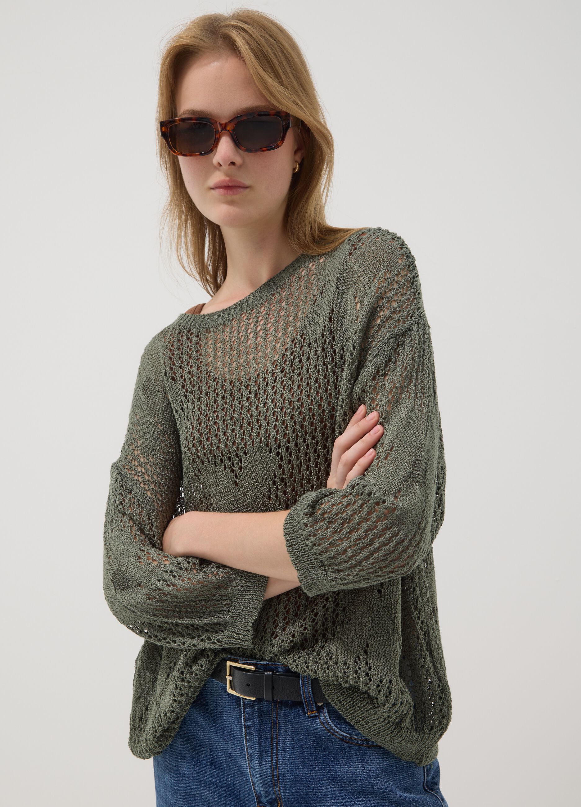 Green open-knit floral regular-fit top