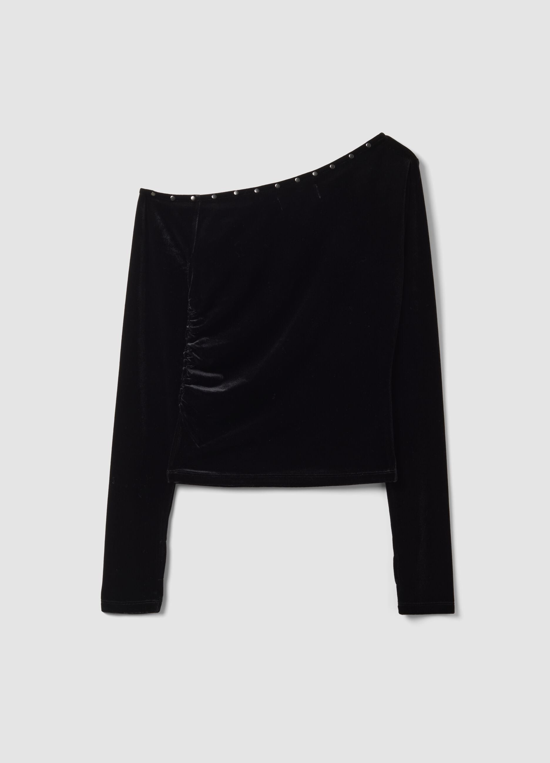 Black stretch-fabric T-shirt with wide asymmetric neckline, regular fit