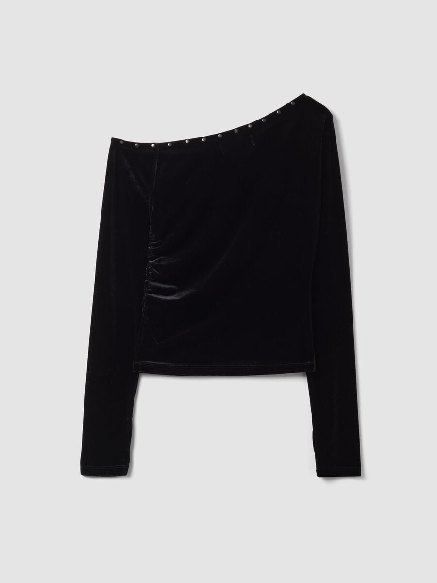 Black stretch-fabric T-shirt with wide asymmetric neckline, regular fit_2