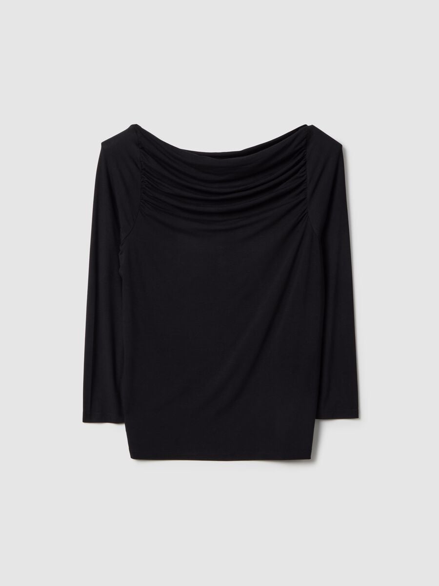 Black stretch viscose long sleeve top with boat neckline and regular fit_4