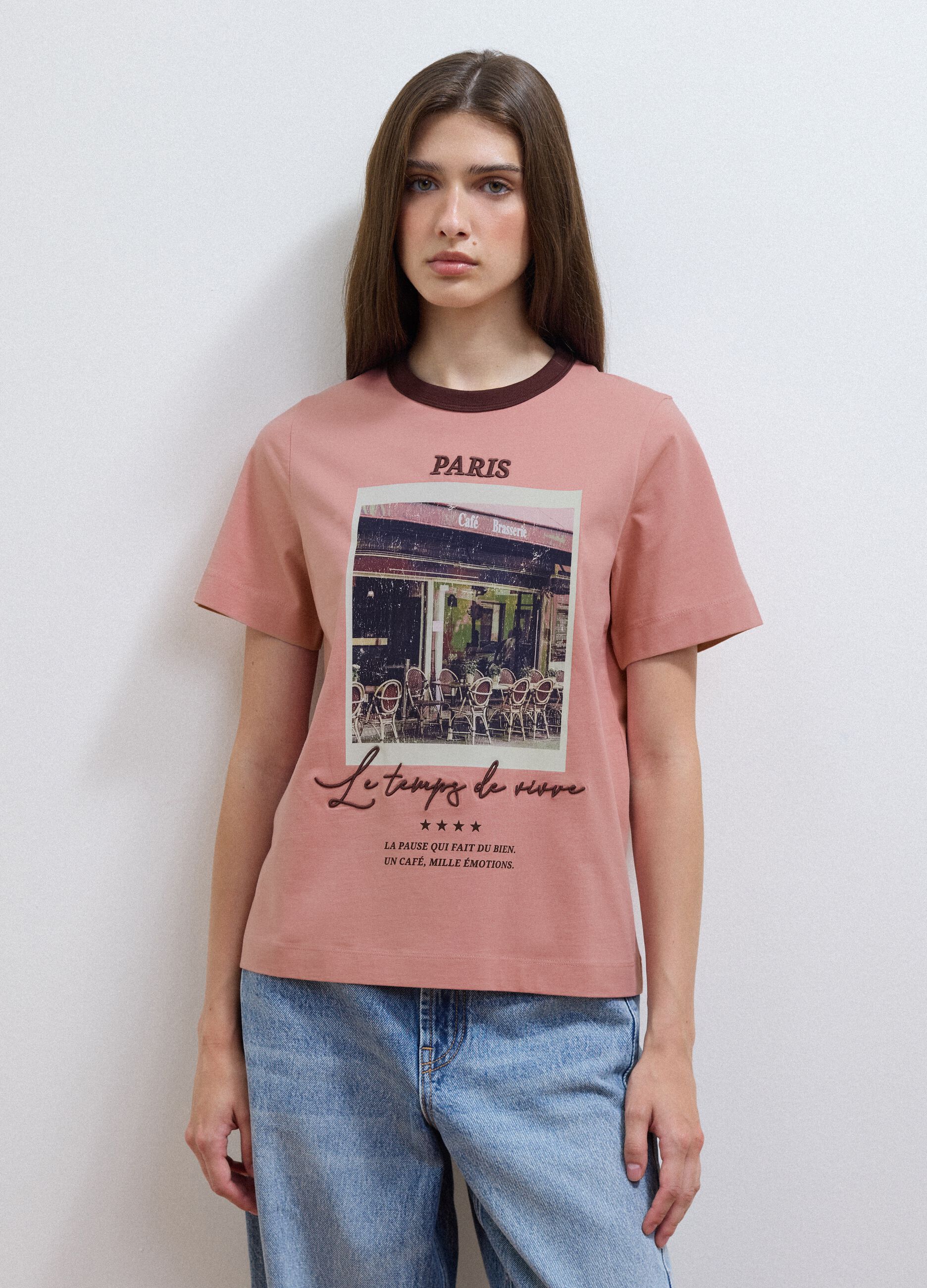 Pink pure cotton T-shirt with Paris print