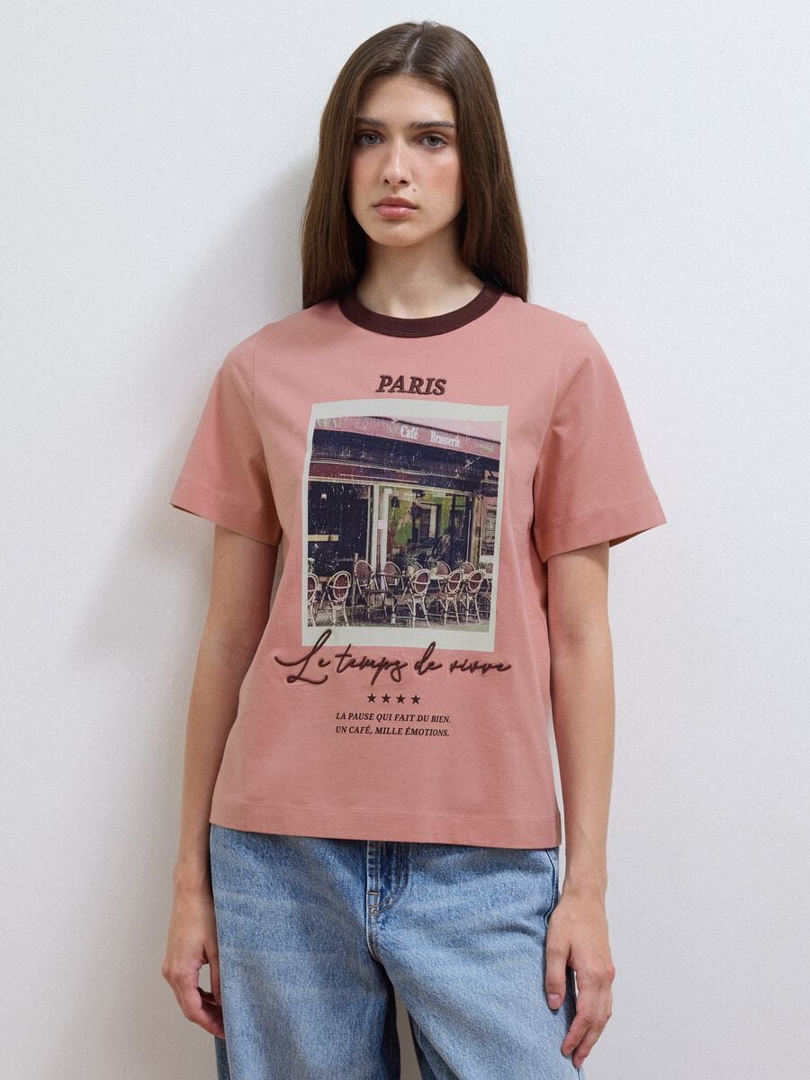 Pink pure cotton T-shirt with Paris print_1