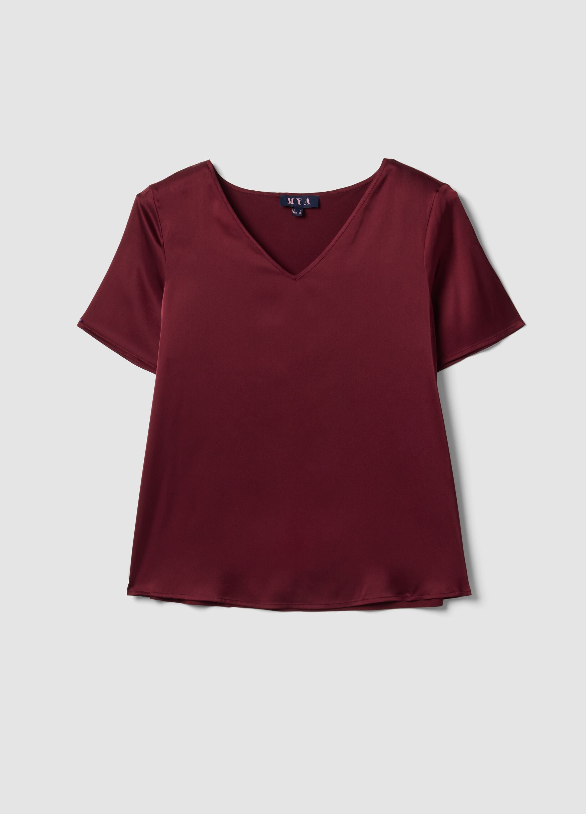 Red satin V-neck stretch blouse, regular fit