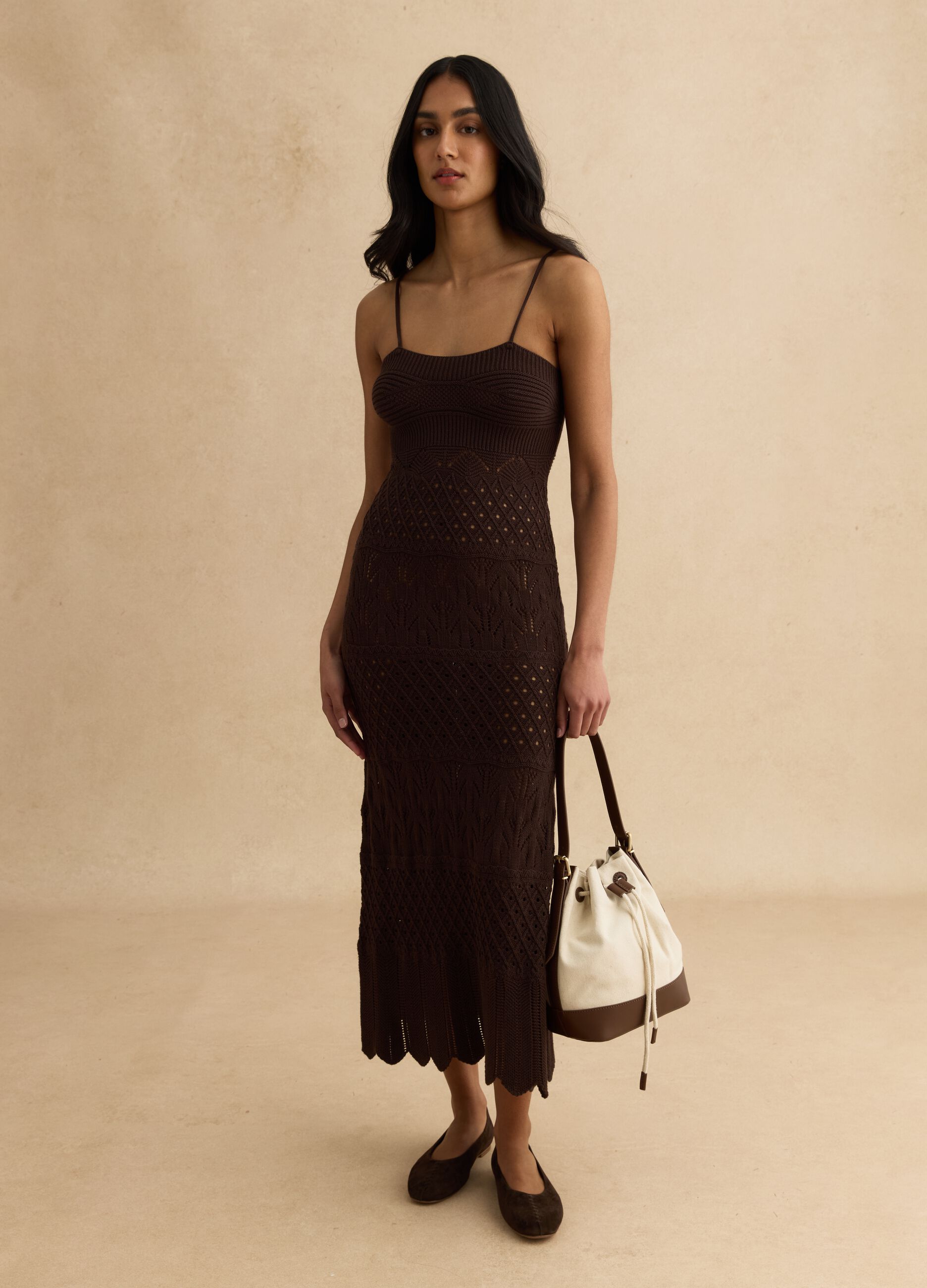 Brown pure cotton slim fit dress with knitted texture