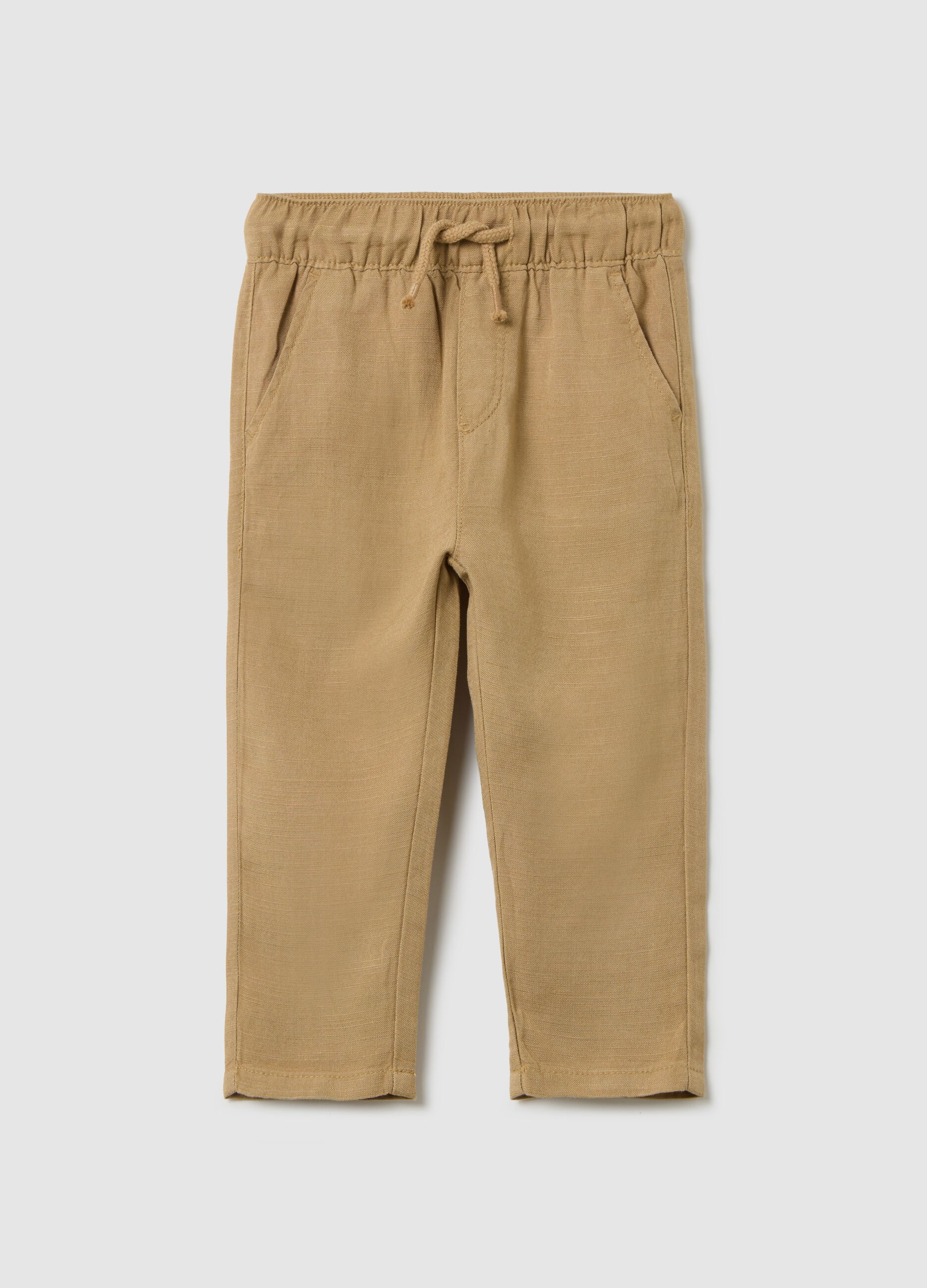Beige trousers in linen and viscose with drawstring