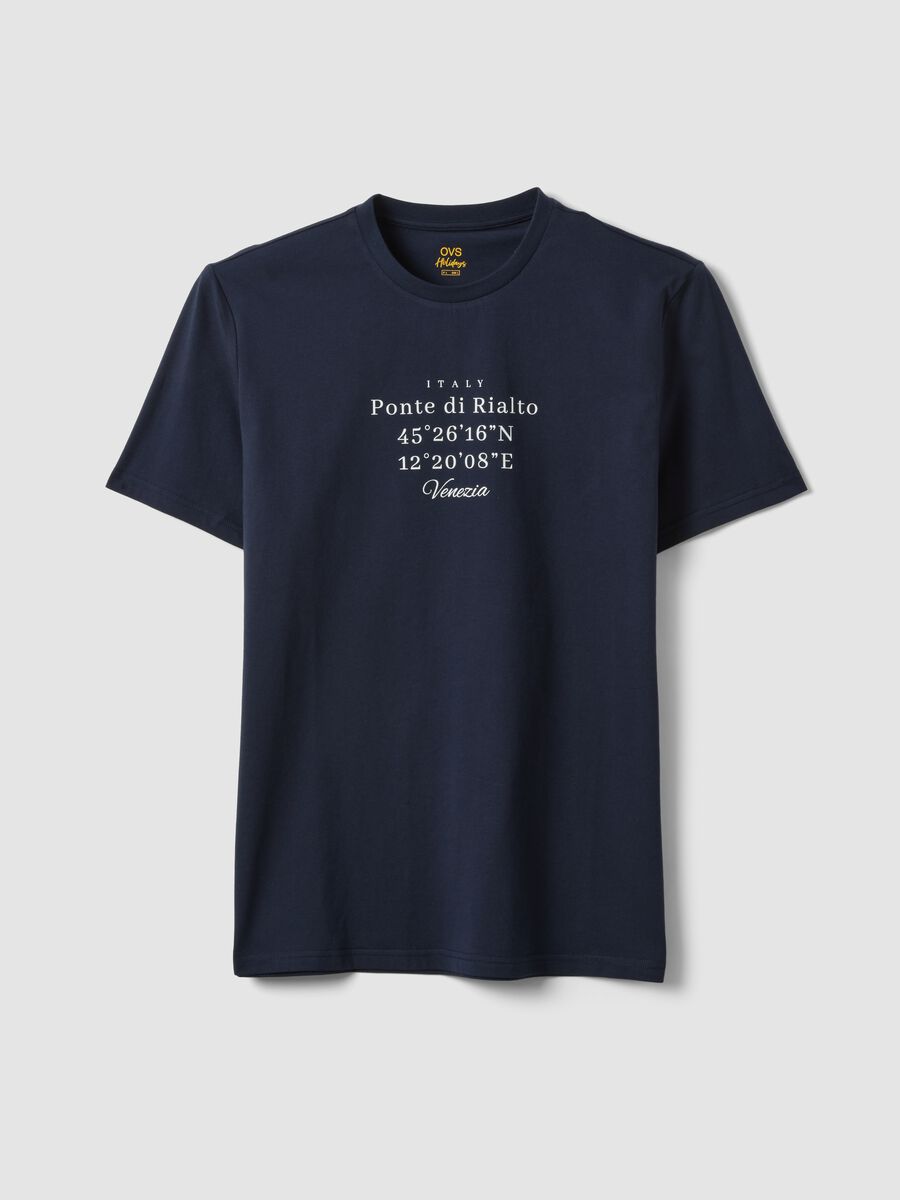 Blaues Regular-Fit T-Shirt aus reiner Baumwolle mit Frontprint_4