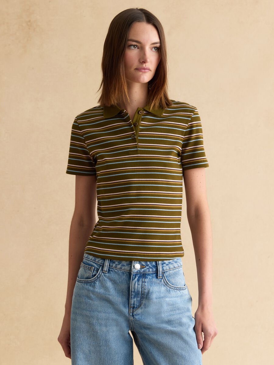 Polo verde a righe in cotone elasticizzato_0