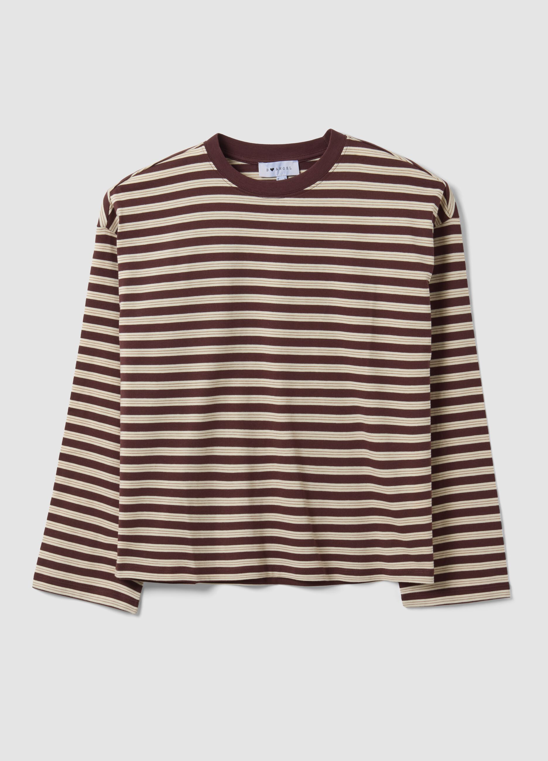 Brown striped pure cotton T-shirt with crew neck, relaxed fit