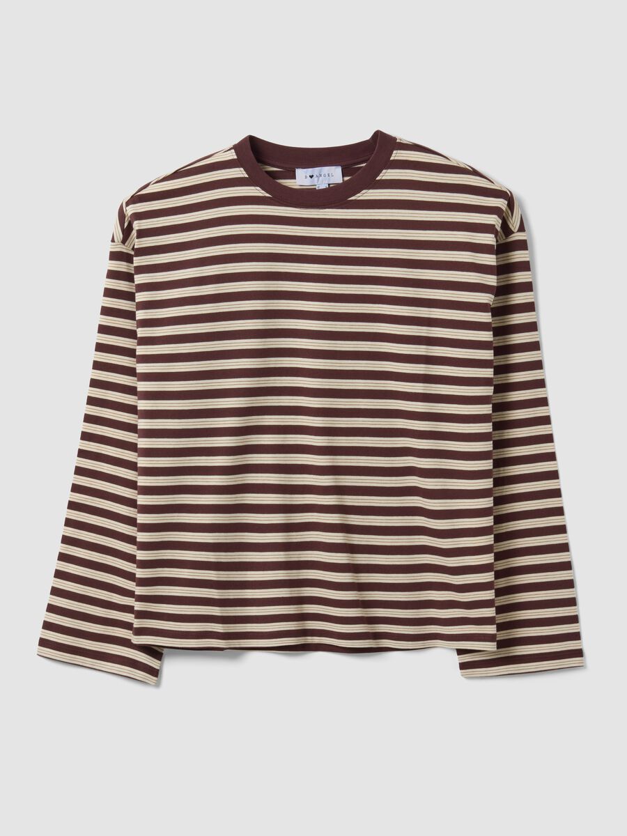 Brown striped pure cotton T-shirt with crew neck, relaxed fit_4