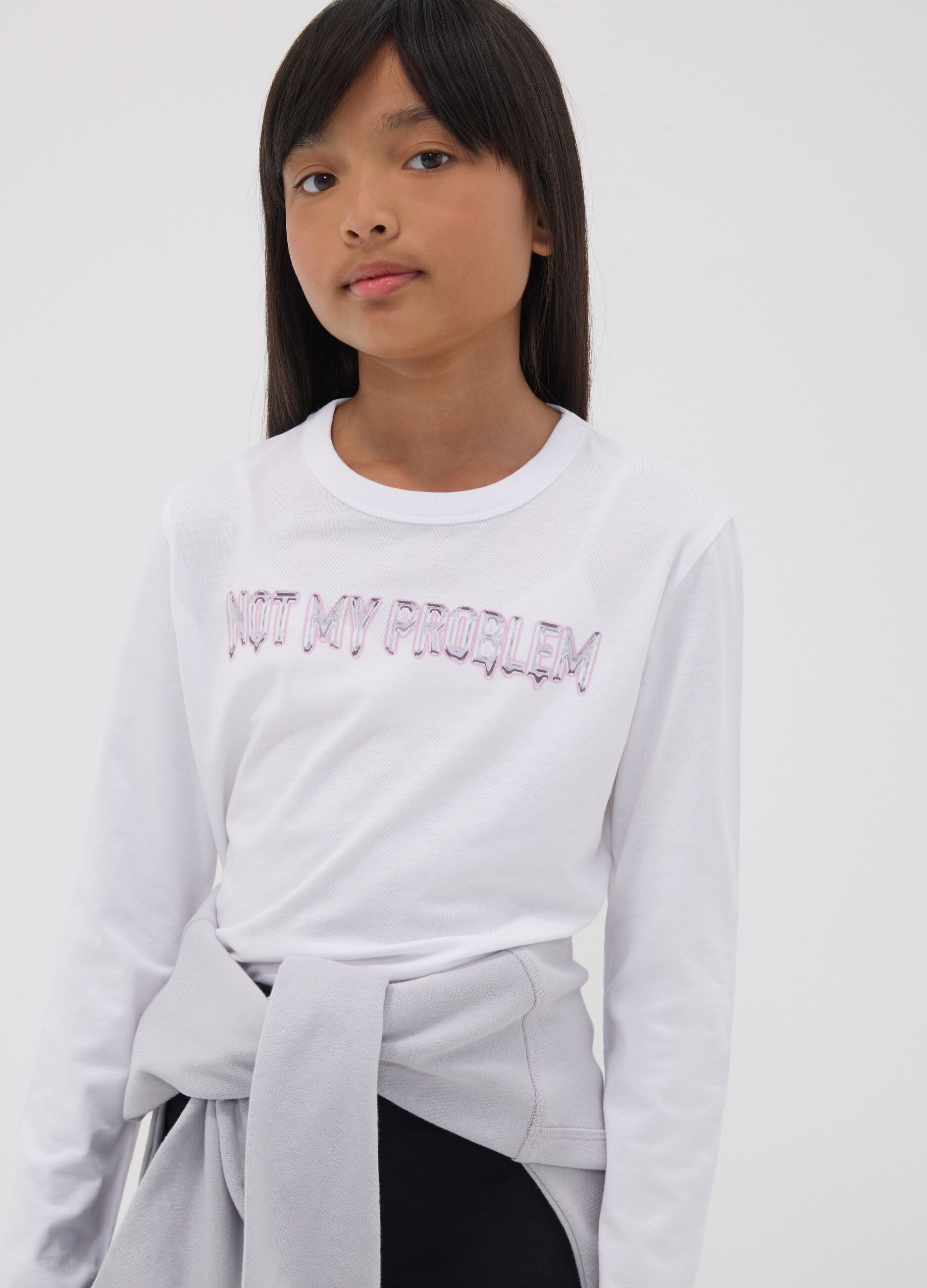White organic cotton cropped T-shirt with ribbed neckline for girls