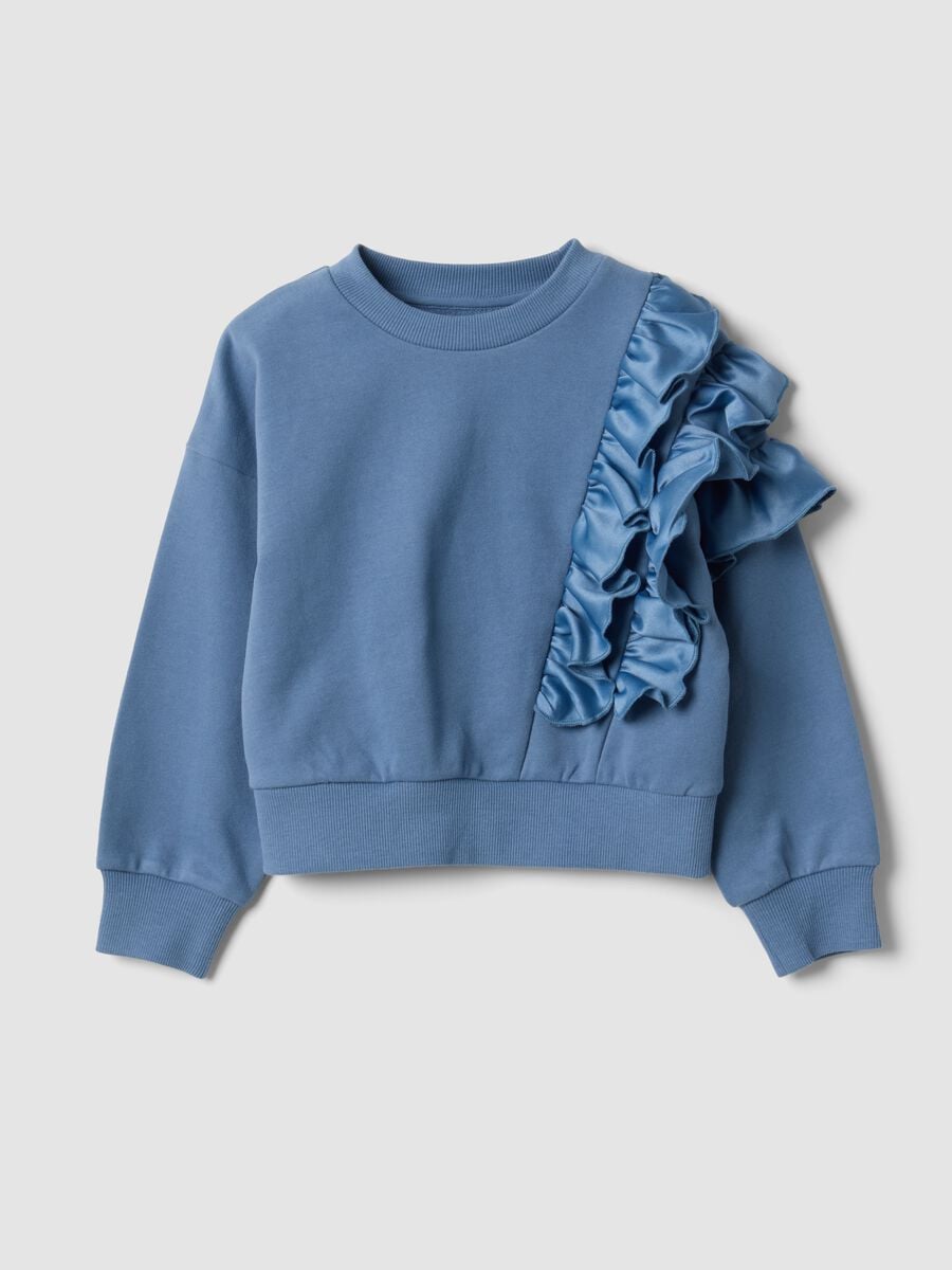 Blue pure cotton sweatshirt with ruffles and crew neck_0